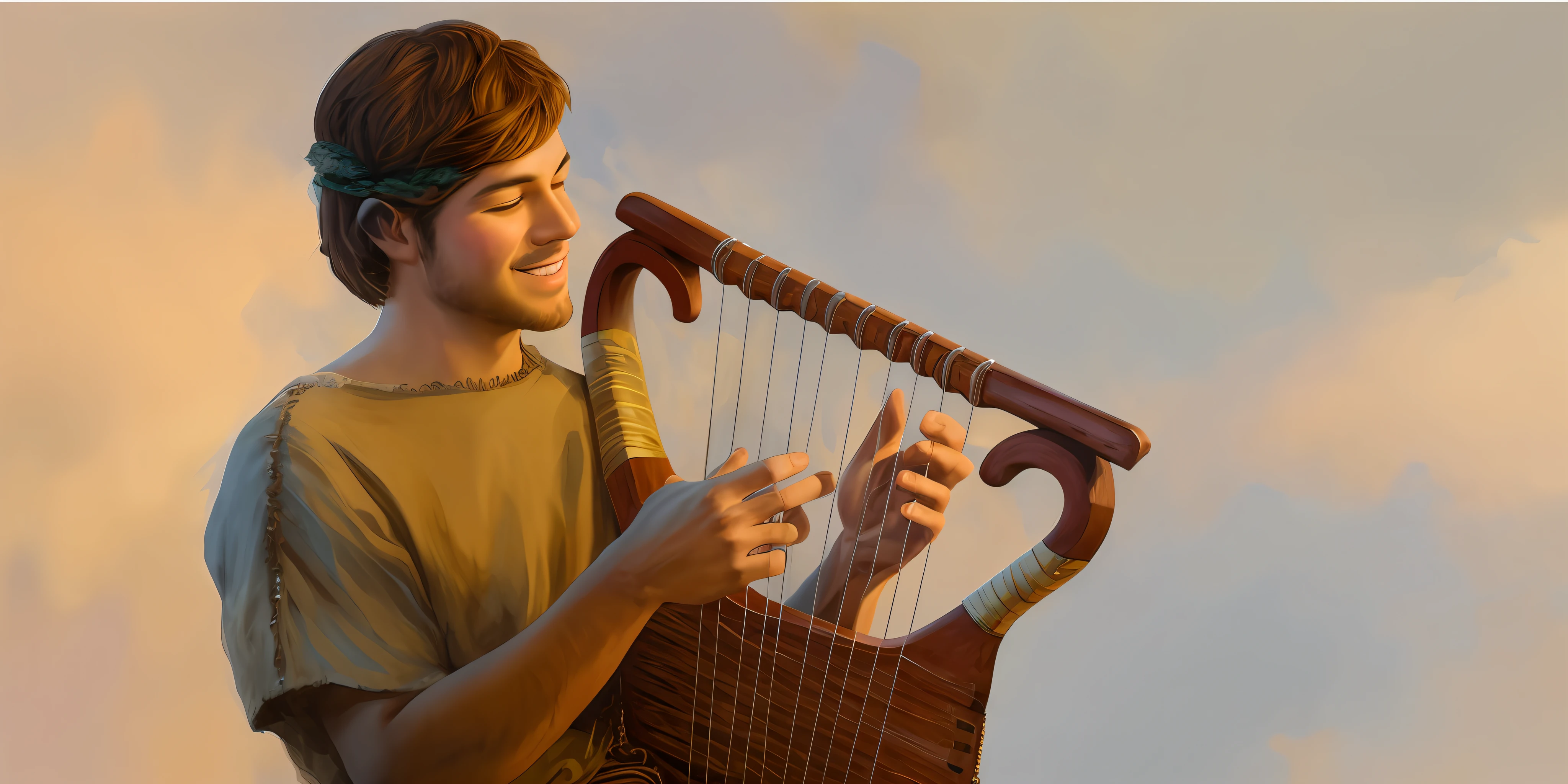 painting of a man playing a harp with a smile on his face, musician, with an harp, a human bard, is playing a lute, forest elf bard playing lute, holding a lute, tuning, instrument, harp, the god of music, peter, musicians, greek myth digital painting, holding khopesh, an instrument, promo art