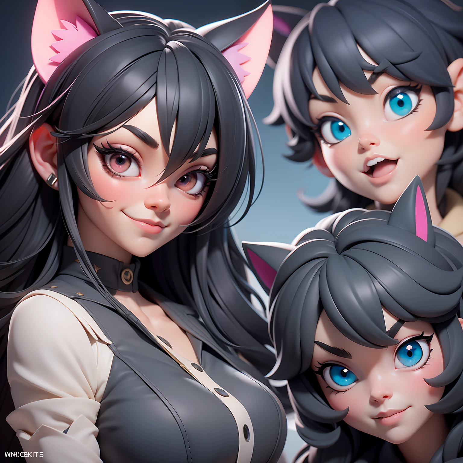 black hair, hair bobbles, wince, longeyelashes, solid circle eyes, fake animal ears, light smile, ear blush, fang, Surrealism, drop shadow, anaglyph, stereogram, tachi-e, pov, atmospheric perspective, 8k, super detail, ccurate, best quality