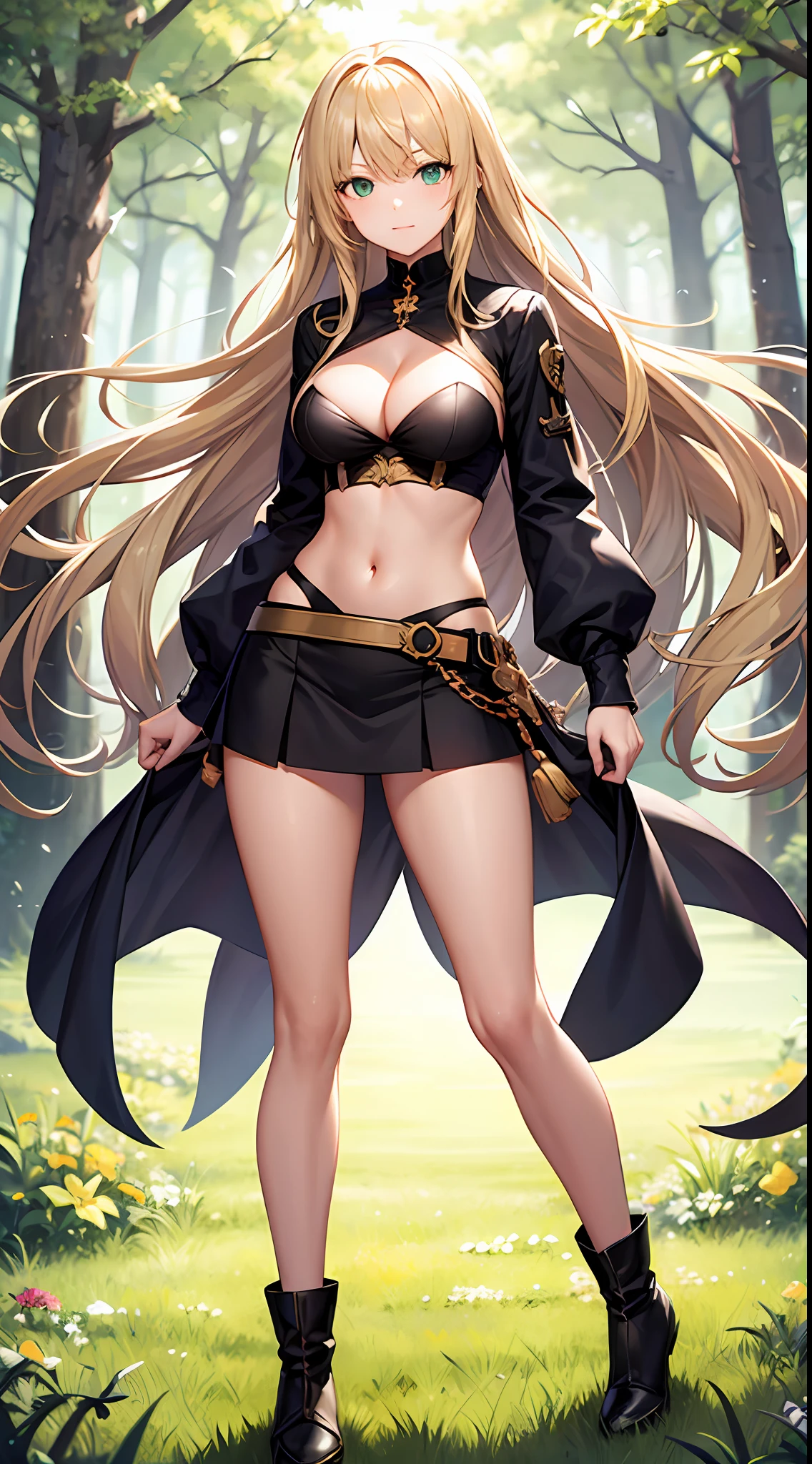 blonde hair, long hair, green eyes, cleavage, medium breast, skirt, slim legs, fighter, forest, guild, navel