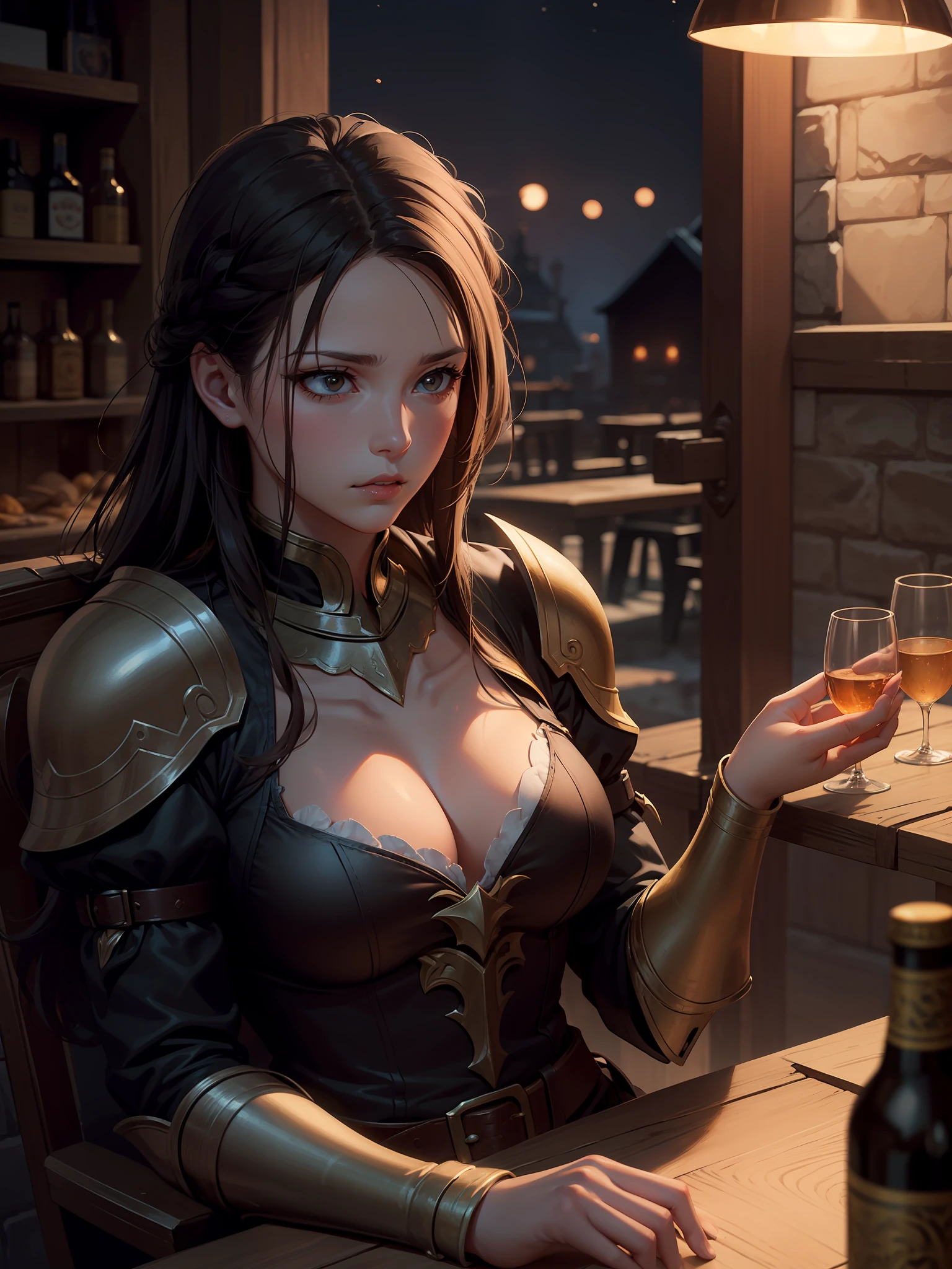 Fantasy setting, night, dark tavern, female paladin sitting at a tavern, ((leaning foward)), tired face, looking away, medium shoot, juicy lips, cleavage, leaning foward
