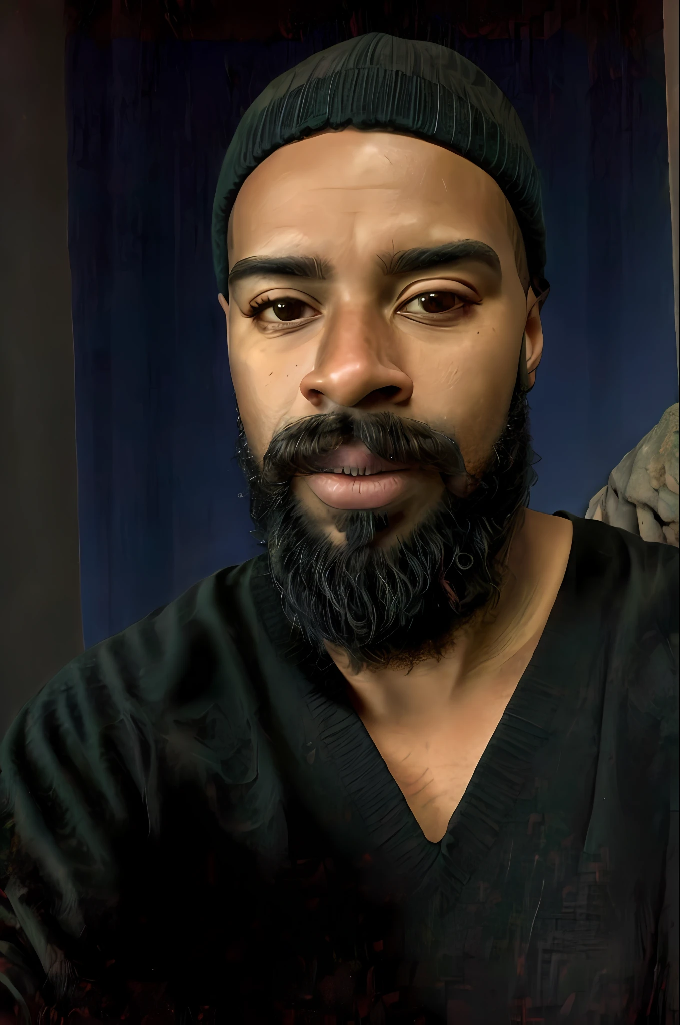 1 Bearded black man ((very detailed beard)) ((upper body selfie, happy)), masterpiece, best quality, ultra-detailed, solo, outdoor, (night), mountains, nature, (stars, moon) cheerful, happy, backpack, sleeping bag, camping stove, water bottle, mountain boots, gloves, sweater, hat, lantern, forest, rocks, river, wood, smoke, shadows, contrast, clear sky, style, (warm hue, warm tone): 1.2), close-up, cinematic light, side lighting, ultra high resolution, best shadow, RAW, upper body, old man, wearing pullover