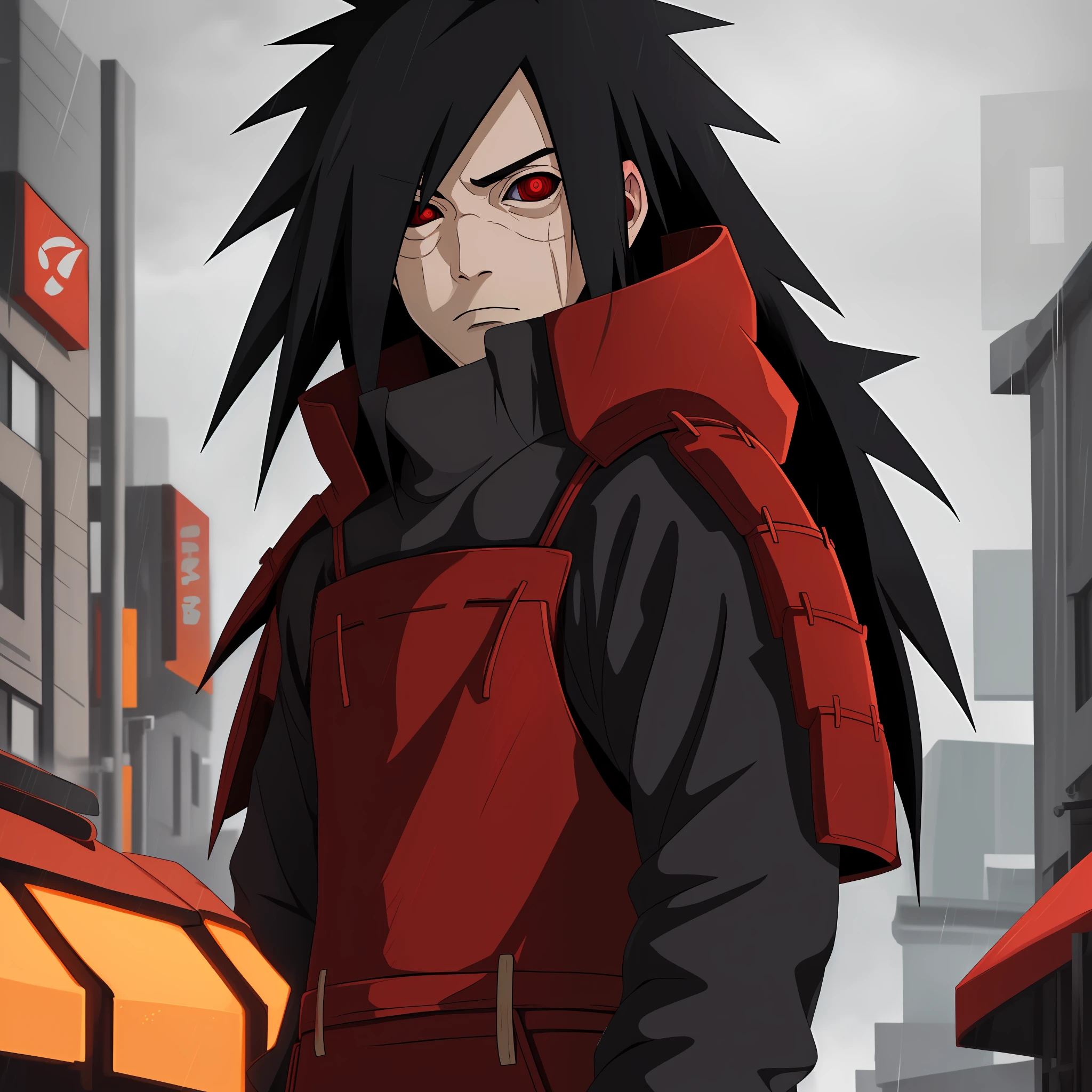 kk, best quality, more details, masterpiece, 1boy, Madara uchiha, portrait, male focus, red eyes, solo, fringe, looking at viewer, long hair, rain, Naruto \(city\), hood, nail polish, black hair, luxurious, 8k, detailed, ray tracing, depth of field, cinematic lighting, male