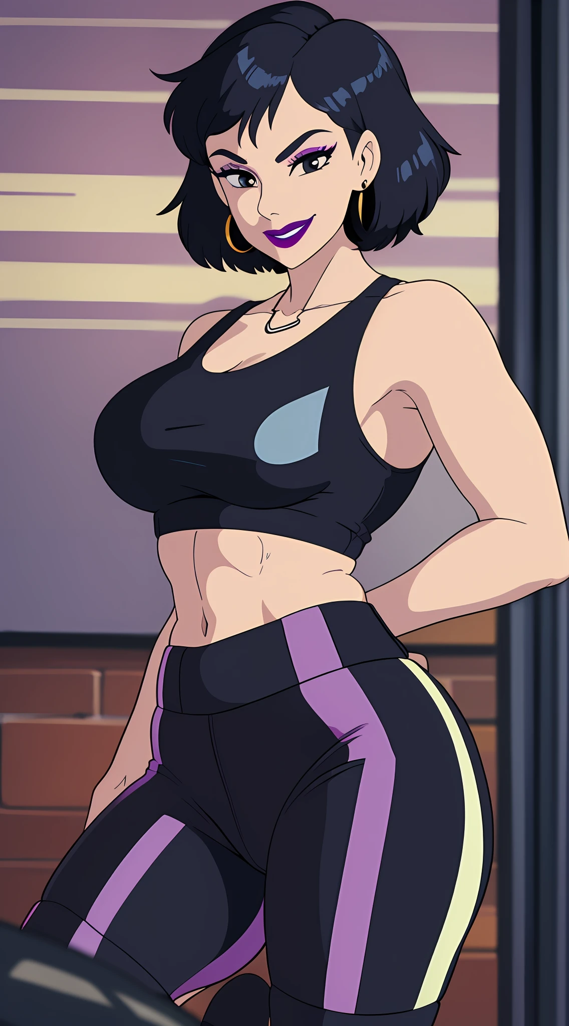 Female, black short straight hair, earrings, fighter, black designer tank top, thong over biker short leggings, knee socks, Nike shoes, necklace, big breasts, medium butt, Black leather jacket, front of view, smirking, purple lipstick, black eyeliner