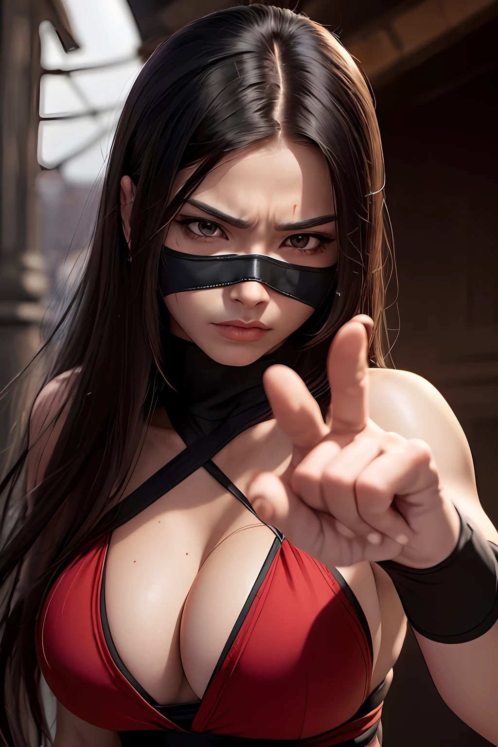 high quality fingers, normal hands, detailed fingers, masterpiece, (realistic, photo-realistic: 1.37), realistic, 1girl, long hair:1.5, black hair:1.2, red eyes:1.5, bright eyes, mortal kombat, ninja, blood, scar, weapons, swimsuit, mortal kombat costume, large breasts, fighting pose, furious look, temple, meditation, injuries, mask, facial mask