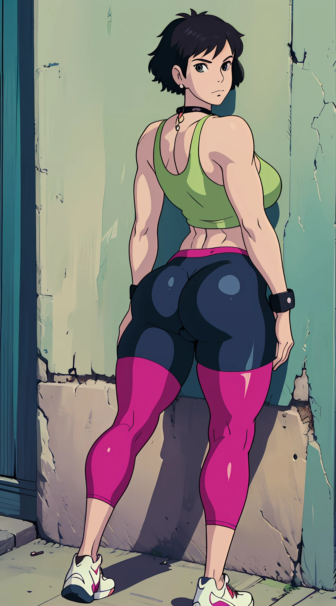 Female, black short hair, earrings, fighter, black designer tank top, thong over biker short leggings, knee socks, Nike shoes, necklace, breasts, butt, sexy waistline, curvy, abs, cameltoe, posing against the wall, looking back, dog collar, leash towards her cameltoe