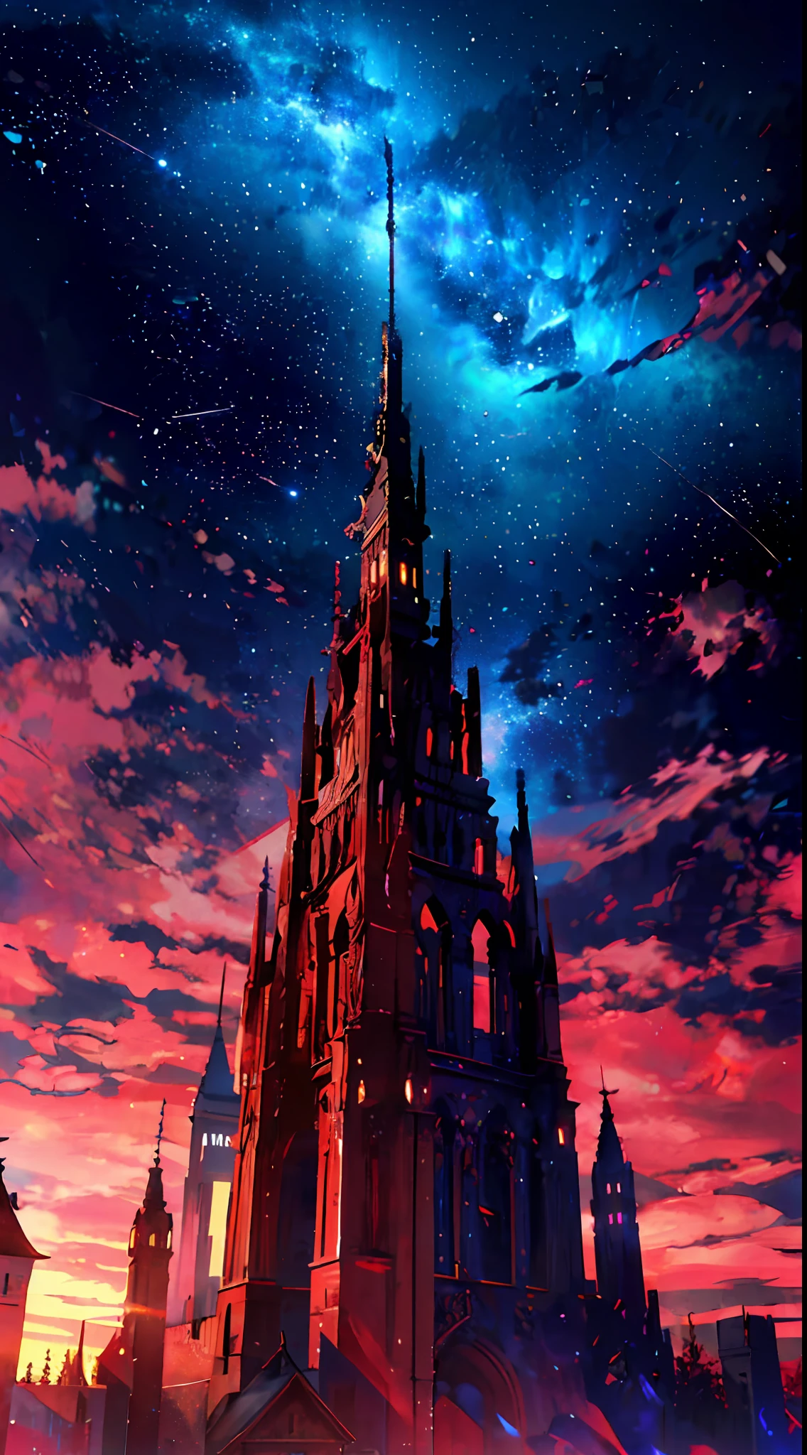 towers of god, blue towers, violet, blue, red, god, red sky, violet sky, starry sky, stars, starry towers, starry god, light blue, civilization, order