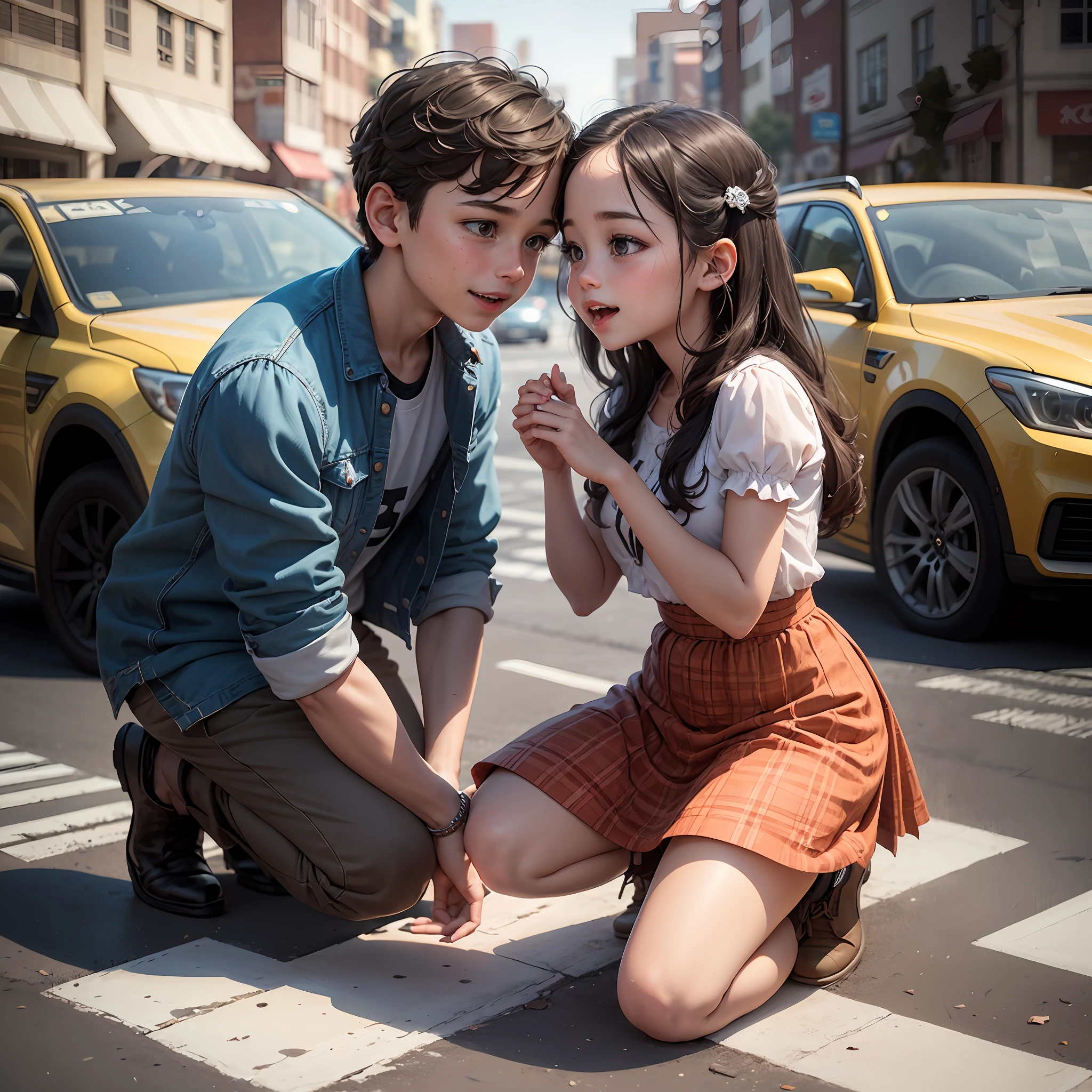 "Adorable little boy passionately proposing to a charming little princess on a zebra crossing amidst a traffic halt, creating a heartwarming scene. 3D illustration with impeccable details, capturing the essence of love, delightful smiles, portrait focus, and crystal-clear 4K HD image quality, clear attractive cute face, no finger cut.” --auto