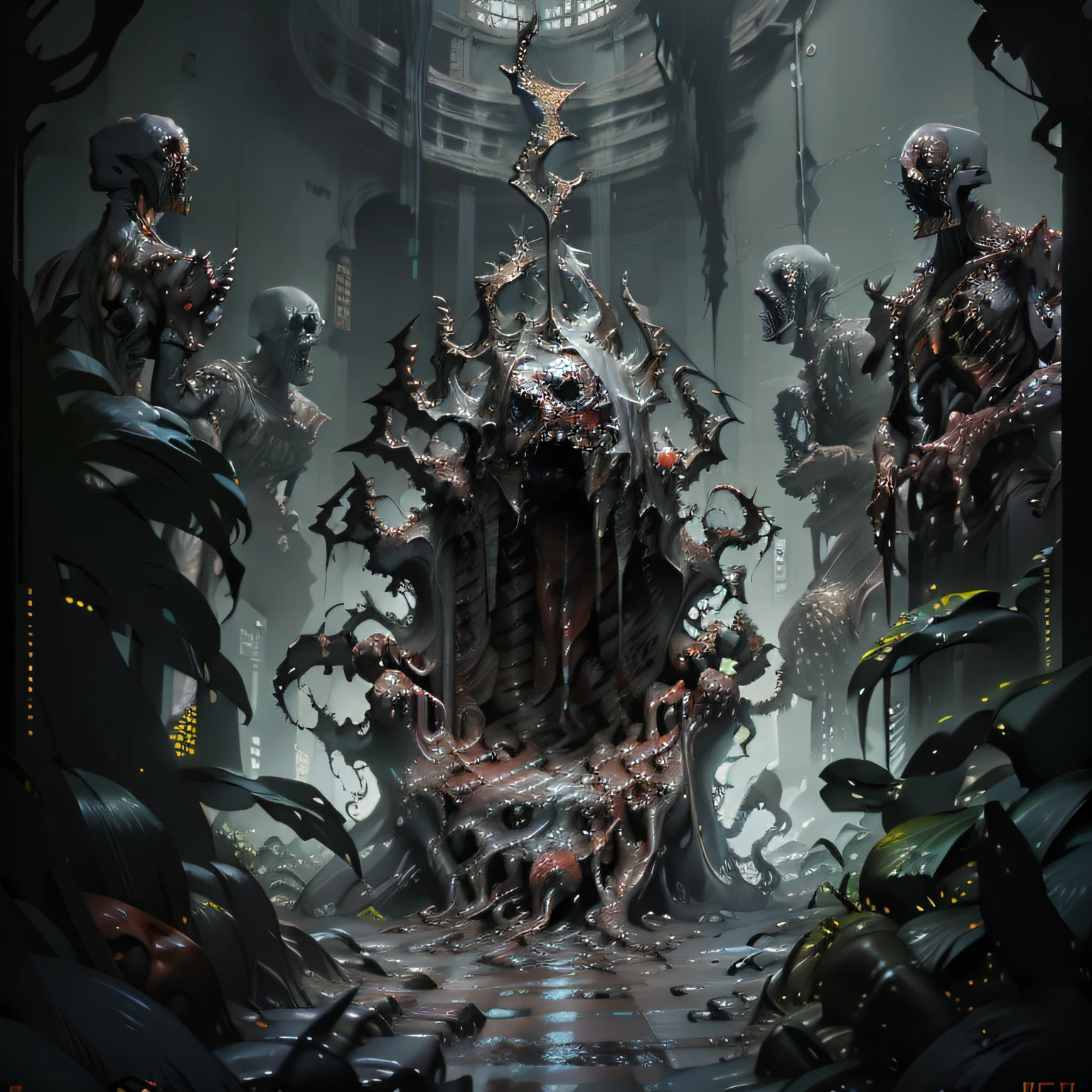 Apocalyptic landscape, several towers in the shape of thorns dripping blood between them, in the center of the image a great throne of thorns with a hundred skulls, oil painting, lighting effects, horror art, dark art