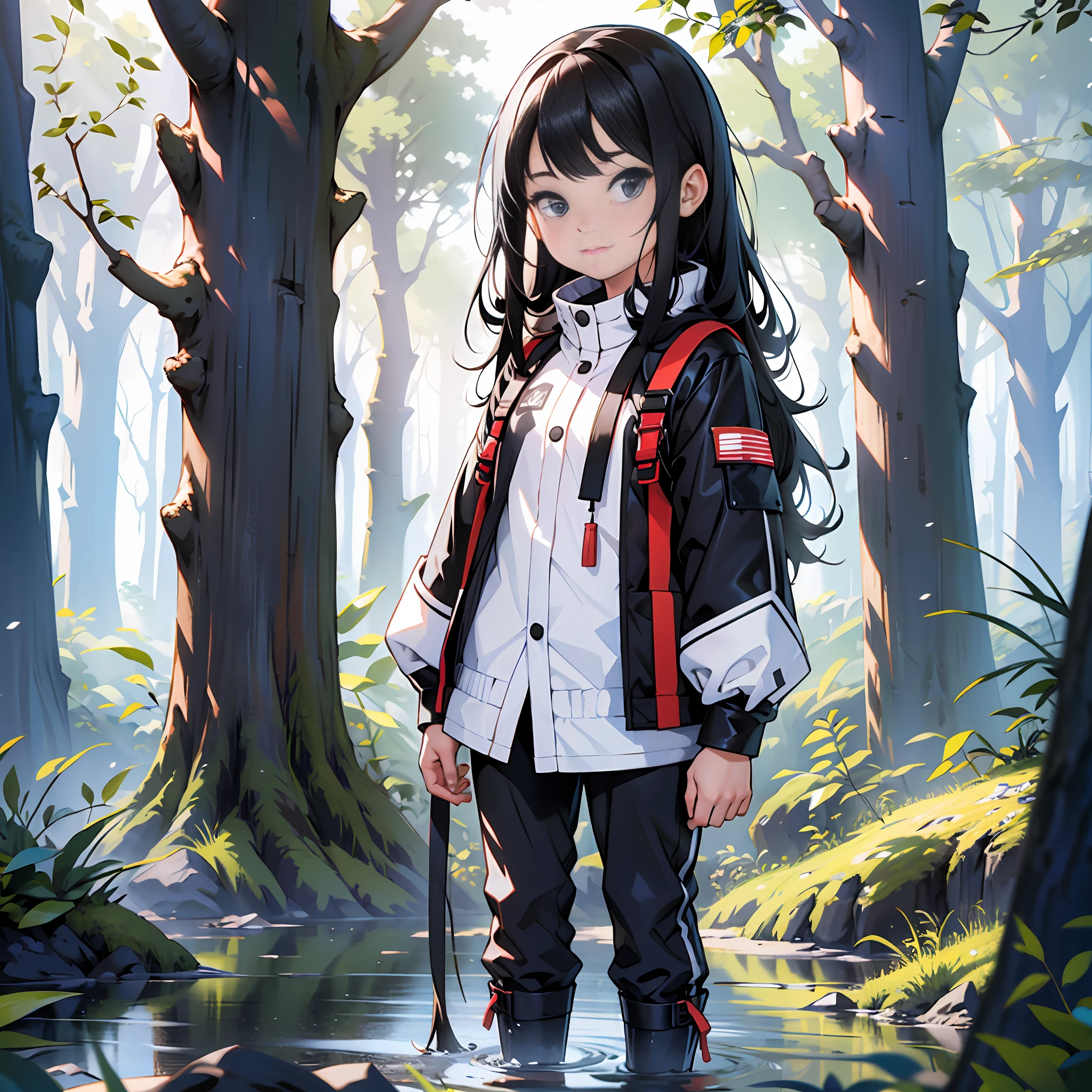 5 year old child, girl, standing, long black hair, adventurous outfit, white background scenery, maximum quality on face, no background