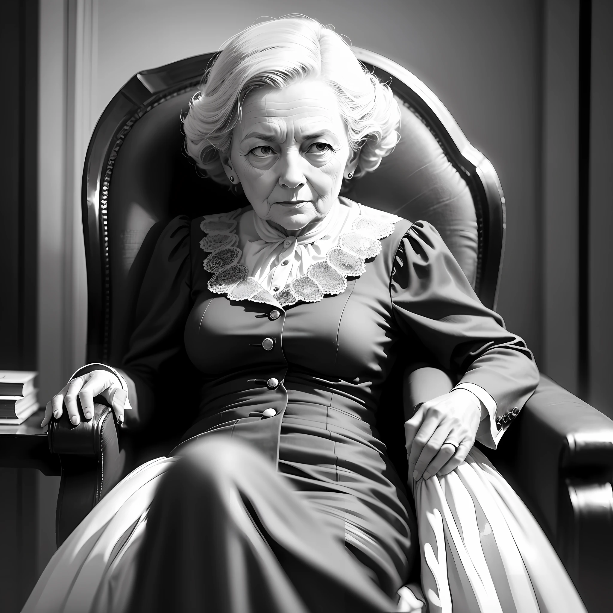 A color photo of Margaret Thatche sitting in a chair, The Iron Lady --auto