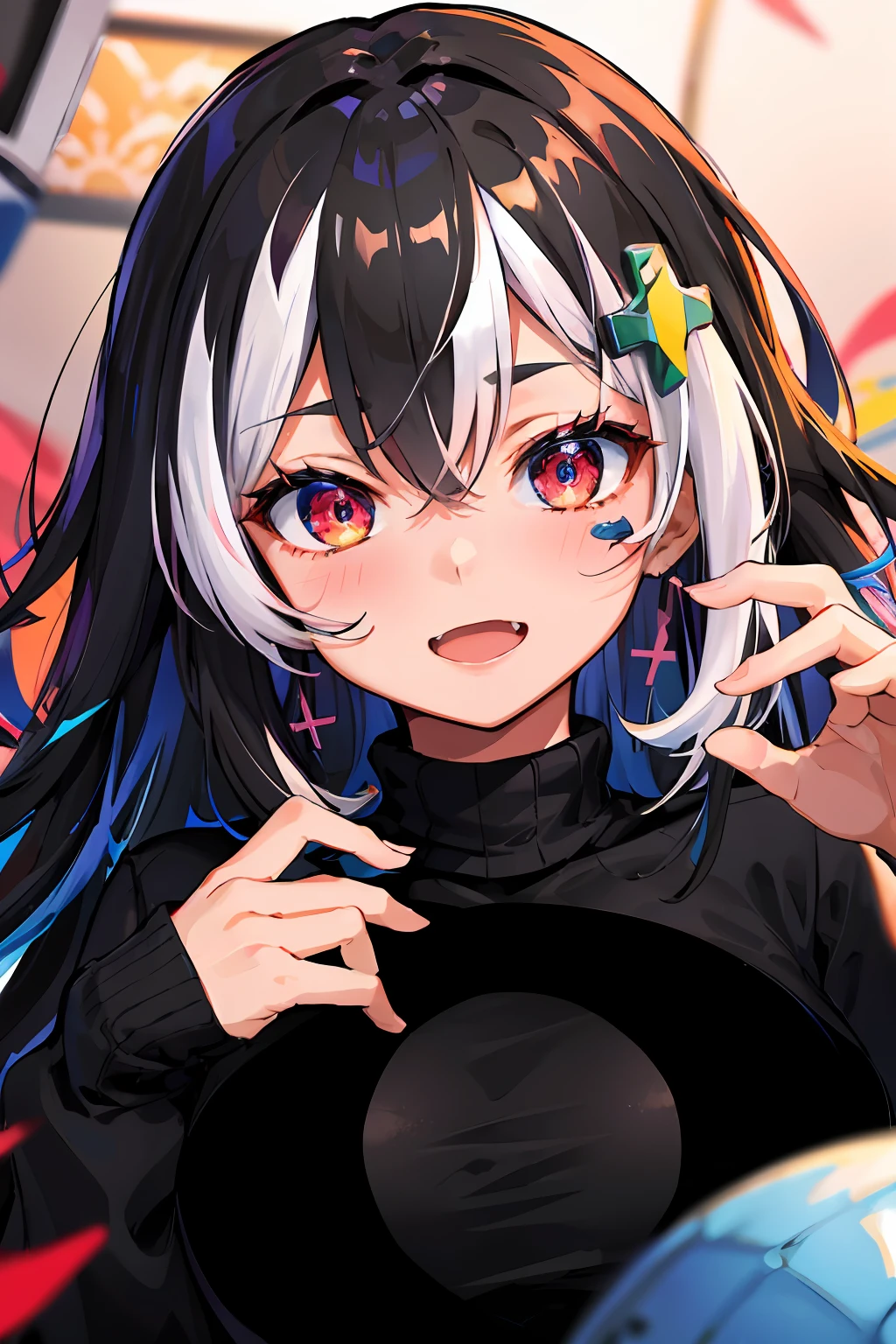 masterpiece, high quality, highres, absurdres, ultra-detailed, 8k, 1girl, platinum grey hair, blue hair, multicolored hair, gradient hair, looking at viewer, red glowing eyes, black turtleneck sweater, (school background:1.15), brilliant colorful paintings, bloom, portrait, cross hair ornament, open mouth, showing fang, (close-up:1.2), from above