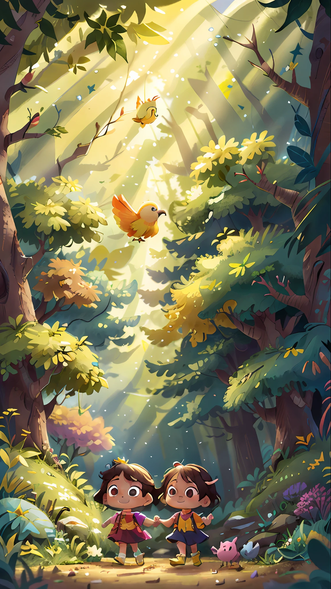 Two -yead gir wearing tiaras with gold stars, walking happily through the forest on a sunny day, with a friendly colorful bird --v 6