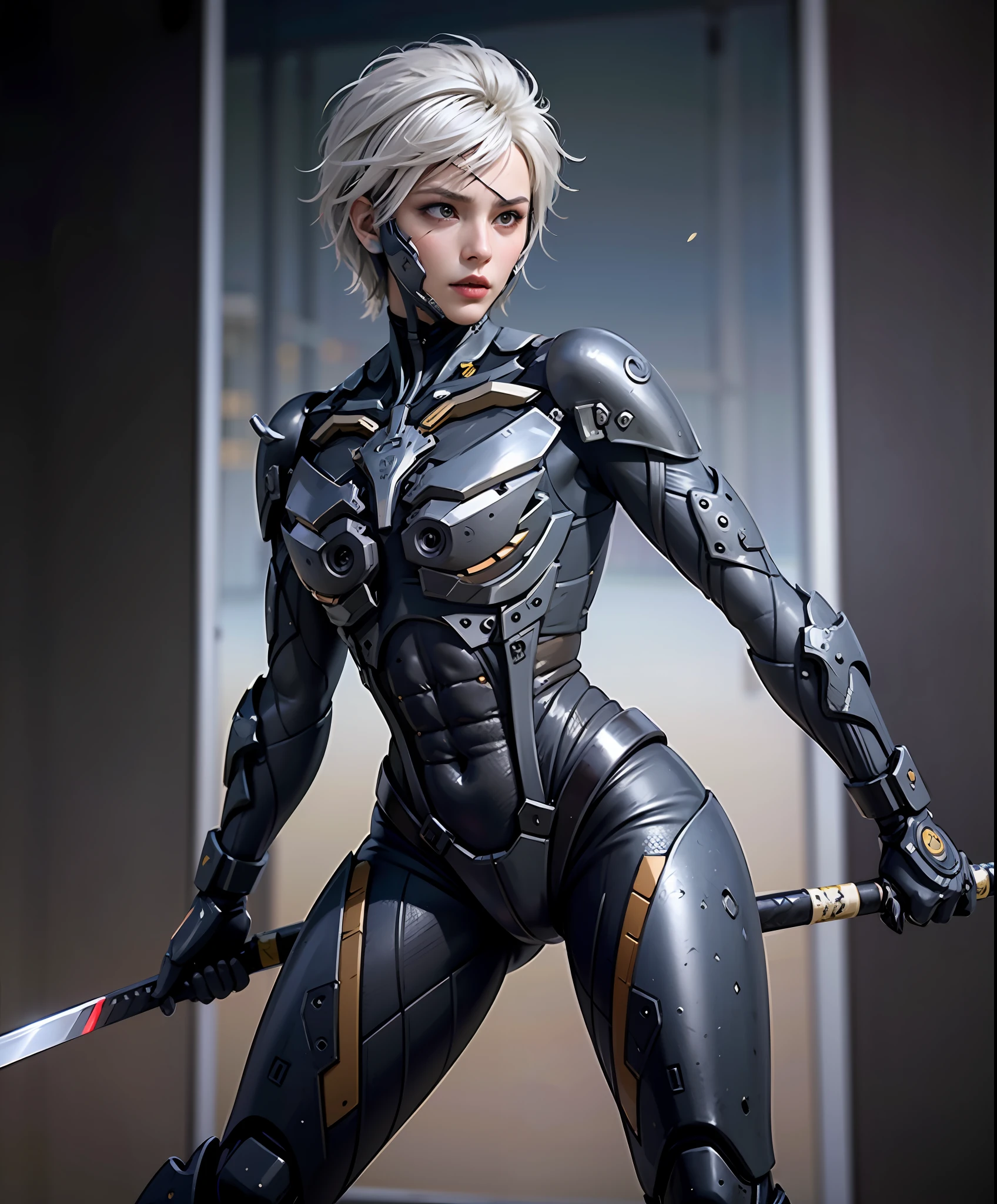 masterpiece, highest quality, photorealistic, scenery, stunning, photo (full body:0.7), of european woman running, motion blur, shiny, (raiden:1.1), (dynamic pose:1.3), (scifi, futuristic, hi-tech:1.1), cyberpunk, (night:1.2), laser beams, (bullets), white hair, red accent, holographic screens, high detailed RAW, 8k UHD, looking to the side, eyepatch, focused expression anittech, holding katana, posting sword drawing action