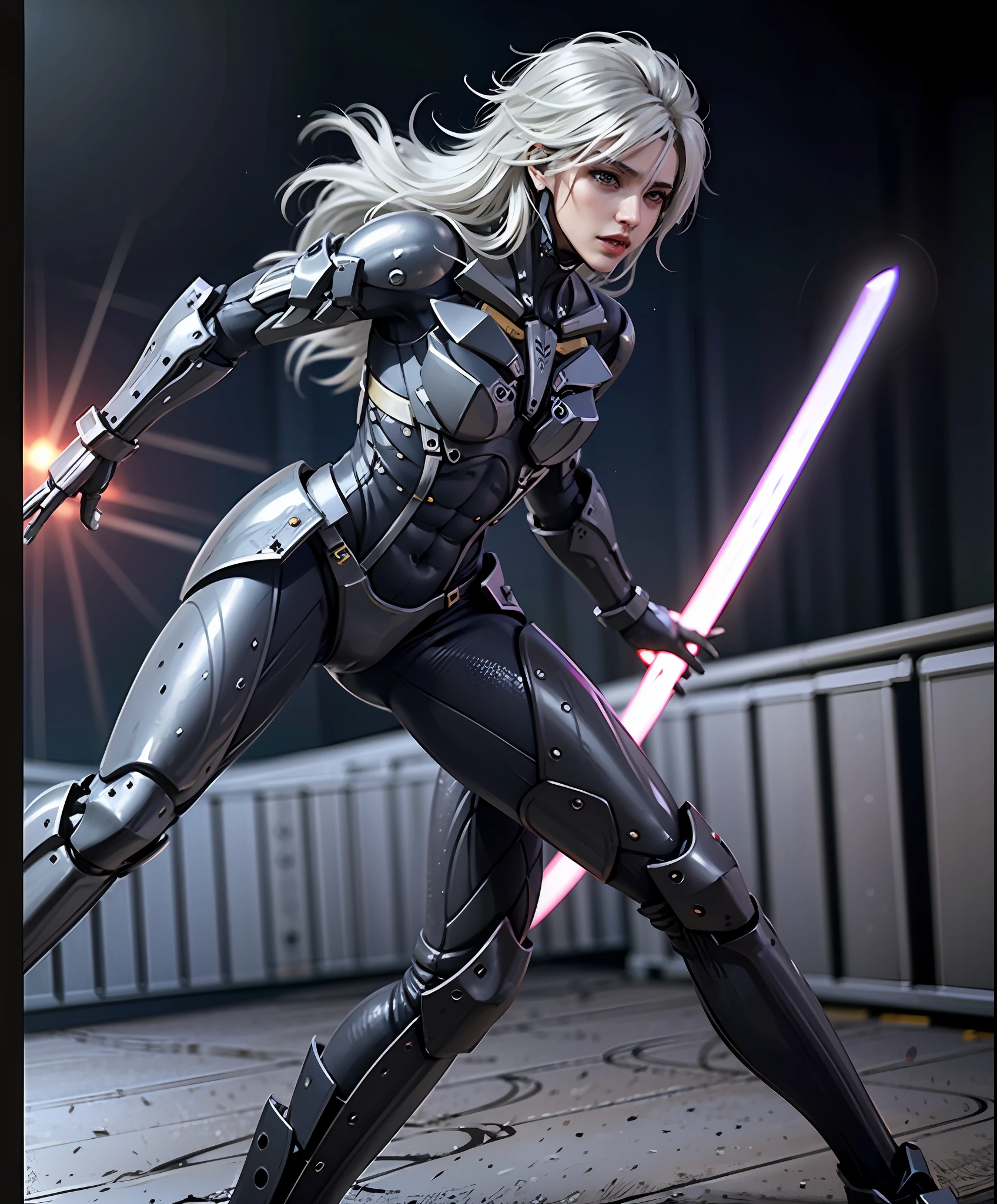 masterpiece, highest quality, photorealistic, scenery, stunning, photo (full body:0.7), of european woman running, motion blur, shiny, (raiden:1.1), (dynamic pose:1.3), (scifi, futuristic, hi-tech:1.1), cyberpunk, (night:1.2), laser beams, (bullets), white hair, red accent, holographic screens, high detailed RAW, 8k UHD, looking to the side, eyepatch, focused expression anittech, holding katana, posting sword drawing action