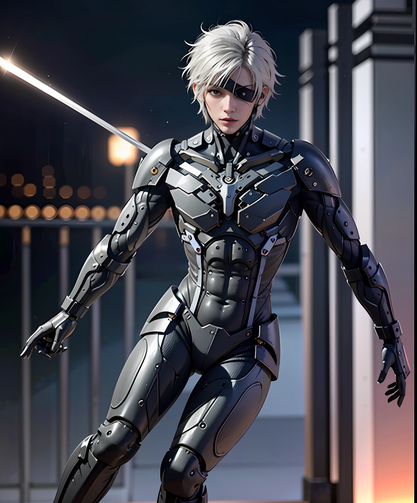 masterpiece, highest quality, photorealistic, scenery, stunning, photo (full body:0.7), of european woman running, motion blur, shiny, (raiden:1.1), (dynamic pose:1.3), (scifi, futuristic, hi-tech:1.1), cyberpunk, (night:1.2), laser beams, (bullets), white hair, red accent, holographic screens, high detailed RAW, 8k UHD, looking to the side, eyepatch, focused expression anittech, holding katana, posting sword drawing action