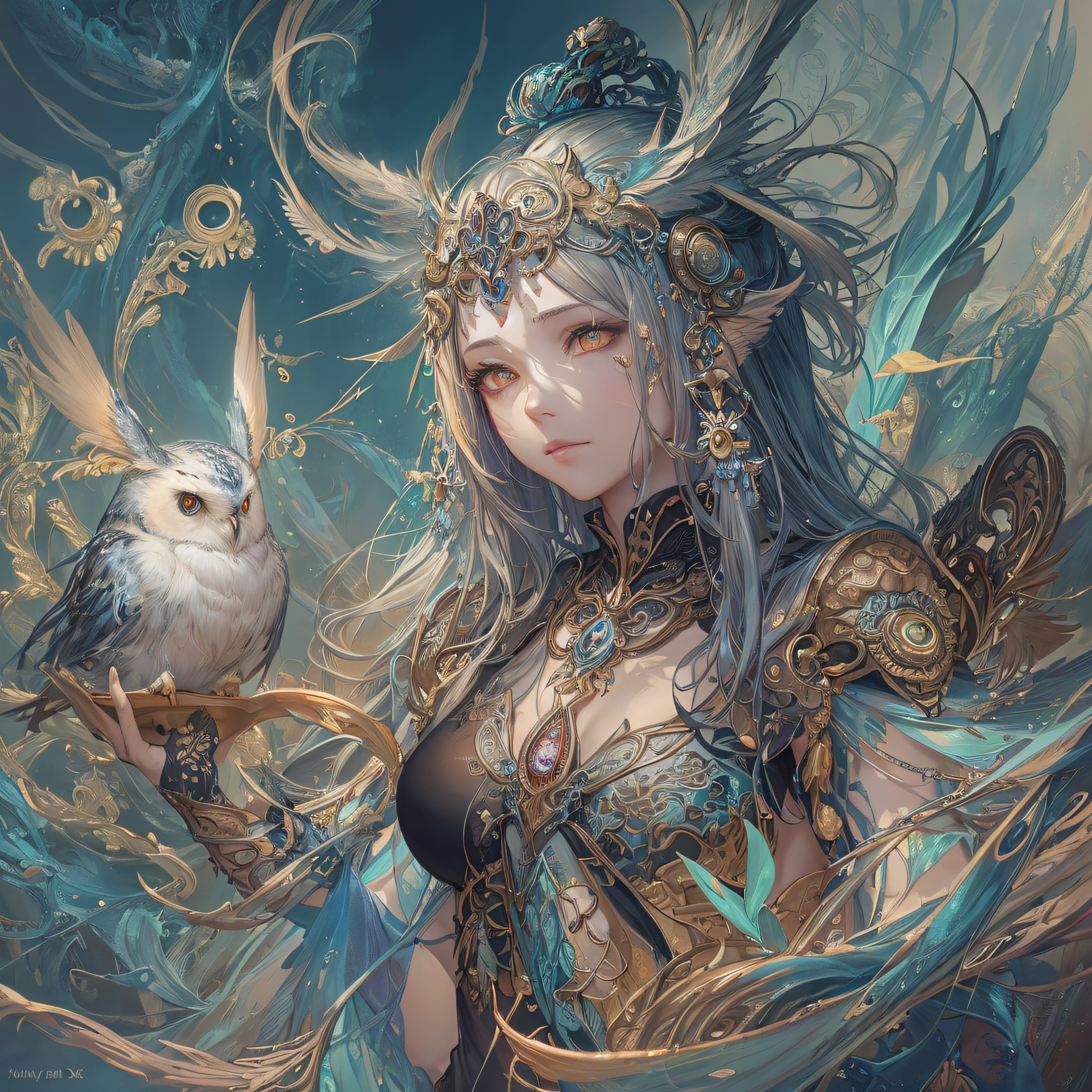 Cute and adorable fantasy owl, Bird-of-Paradise, sparrow, full body, shiny metallic jeweled depth, glowing smoke neon eyes, hoarfrost metal lace, fantasy, sunlight, sunbeam, intricate detail. 8k, dreamlike, surrealism, super cute, symmetrical, soft lighting, trending on artstation, intricate details, highly detailed, unreal engine, by ross tran, wlop, artgerm and james jean, Brian Froud, art illustration by Miho Hirano, Neimy Kanani, oil on canvas by Aykut Aydoğdu, oil painting, heavy strokes, paint dripping --auto