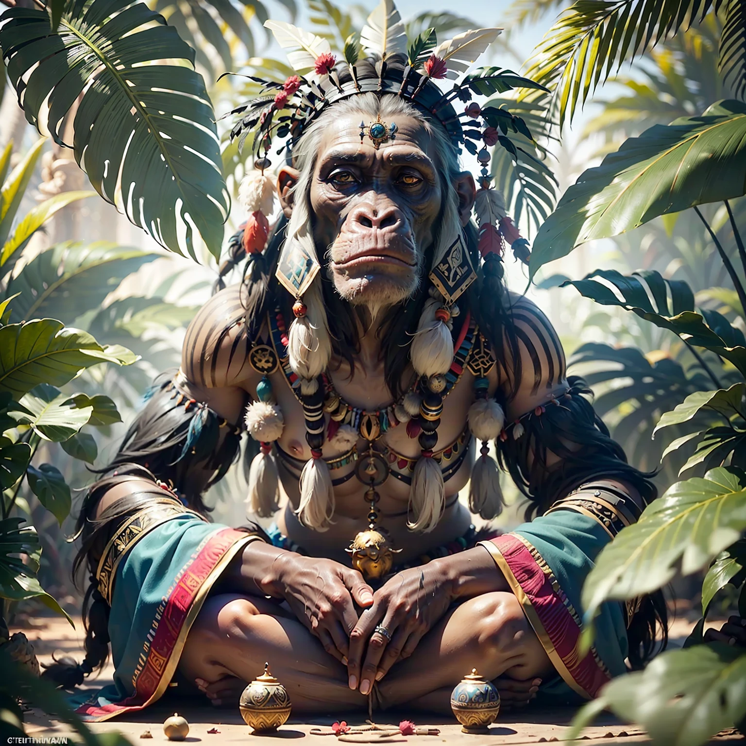 Chimpanzee ((Indian Shaman)),,((meditative state),,Shaman, elegant chimpanzee, hair with details, with Indian headdress on head, ((meditating)) many colorful feathers, colorful feathers, facing the camera, detail: dense tropical foliage, highly detailed intricate, ((masterpiece)), ultra hyperrealistic, masterpiece