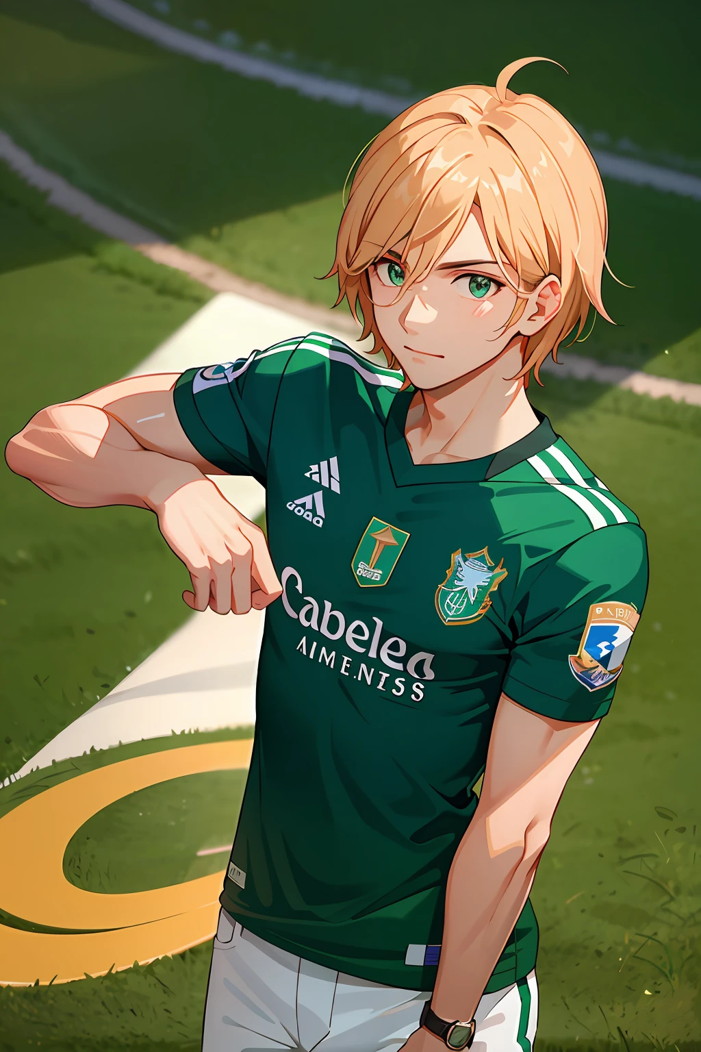 masterpiece, best quality, high contrast, professional photography, soft light, sharp focus, 1boy, short blond hair, azure blue lock, German team football jersey, sweating, heavy breathing, blue hair strands.