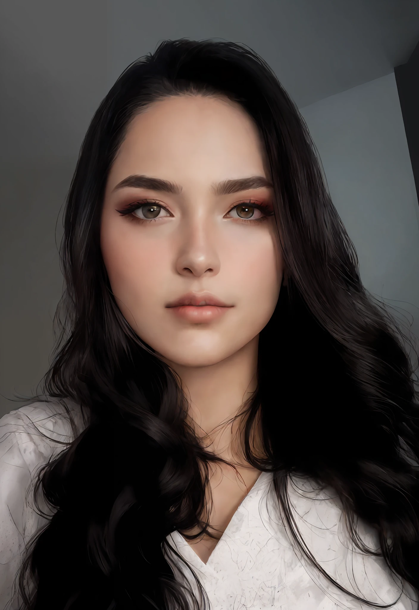 there is a woman with long black hair and a white shirt, sexy face with full makeup, full face portrait, with professional makeup, wearing professional makeup, sultry look, asymmetrical face, full face close up portrait, in professional makeup, full face shot, detailed flawless face, neutral face, dark hair and makeup, full makup