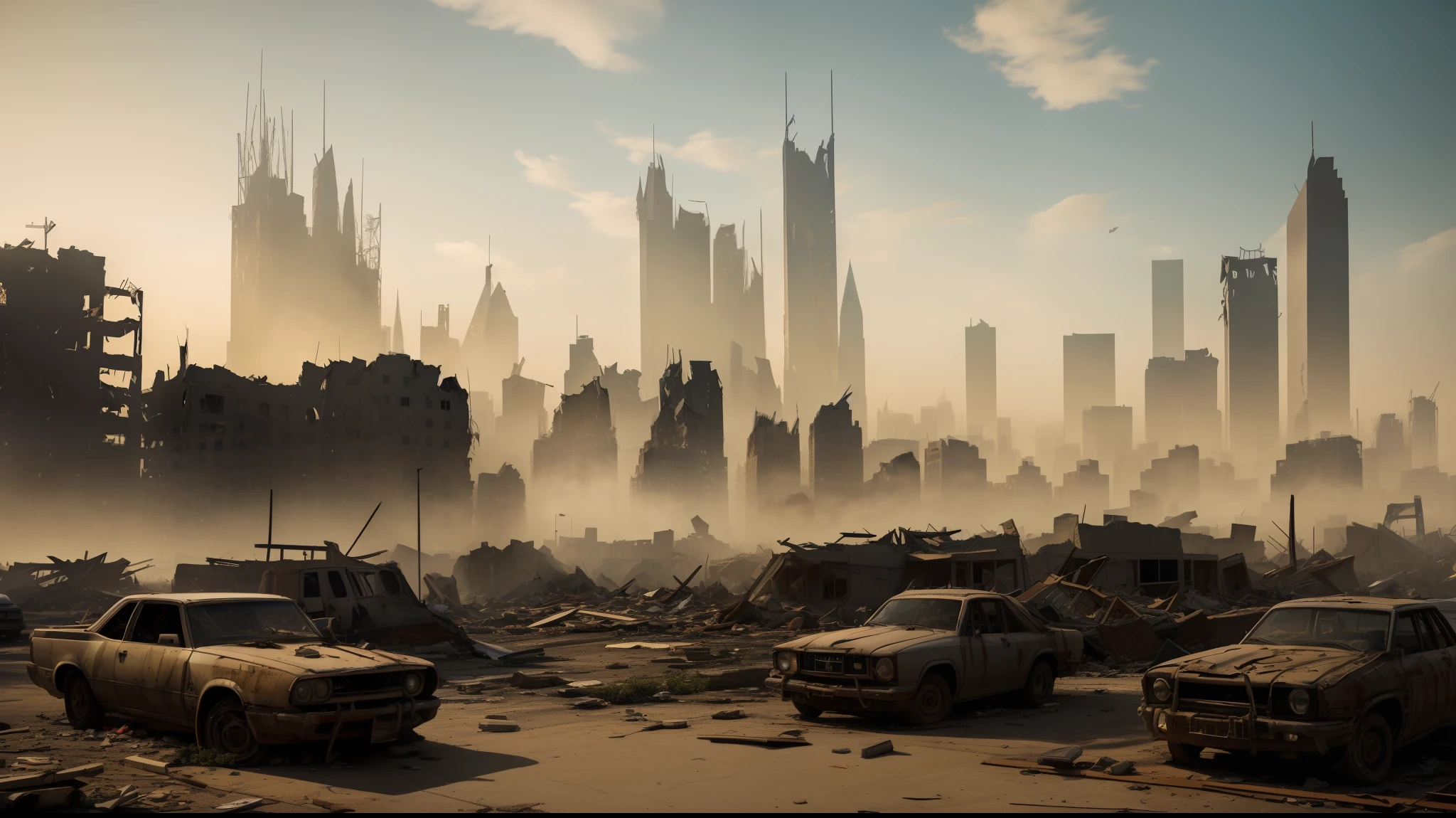 New York City Destroyed buildings with crumbling buildings and debris-filled streets depicting the aftermath of destruction, cars covered in dust, Lone Survivor explores the deserted streets of Times Square, foggy weather, Ultra 8k, gray weather, realism, cinematic lighting, surround lighting, detailed, background blur