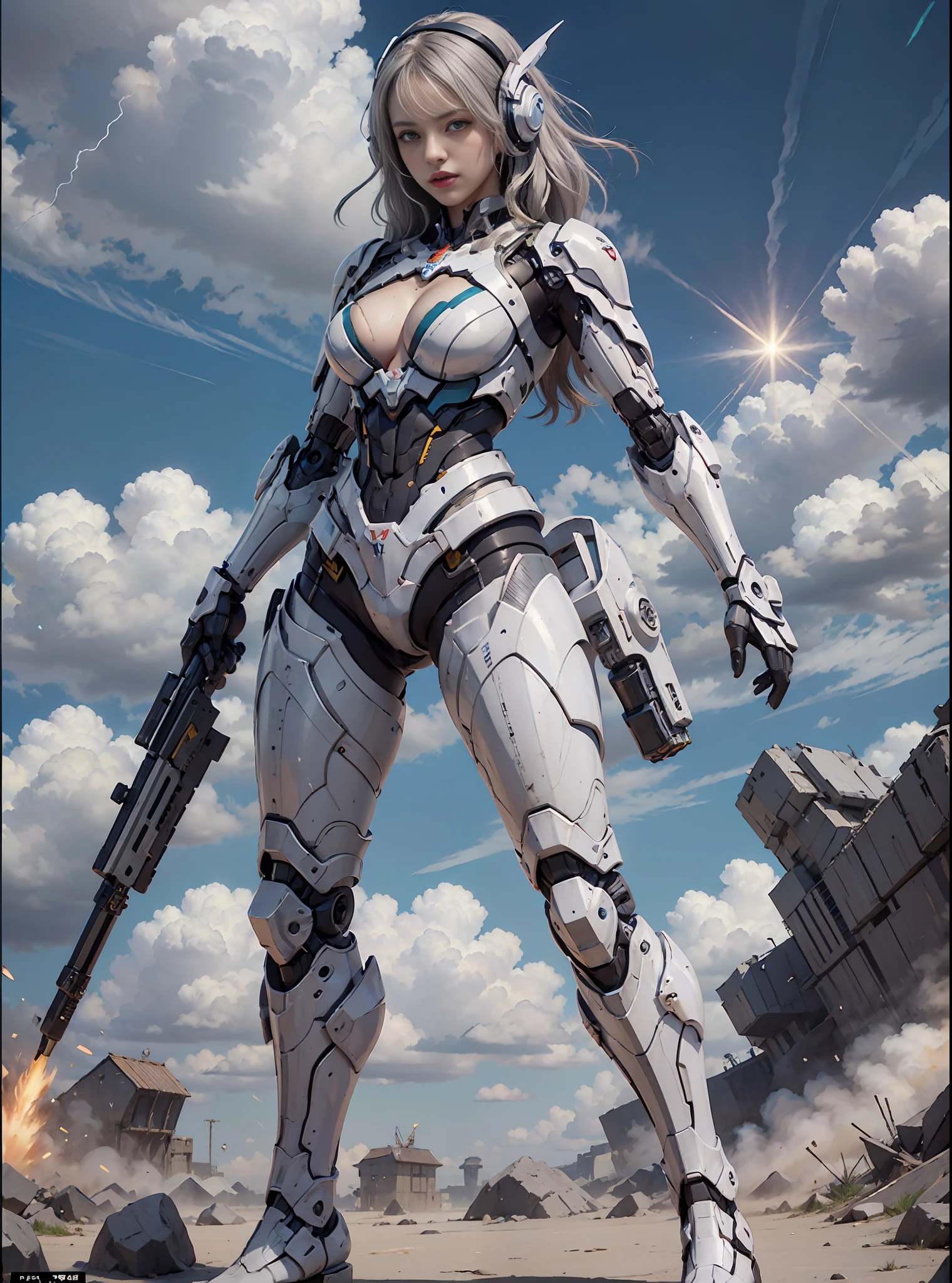 8K, Best Quality, Masterpiece, Ultra High Resolution, (Realism: 1.4), Girl Futuristic Battle Suit, Green Pupils, standing on battlefield filled with ruined mecha, storm Clouds, Lightning, raining, Real Woman, Cleavage, Real Face, Cute Girl, Perfect Cyborg Girl, Wearing Sci-Fi Headphones, Beautiful Female , Beautiful Girl Cyborg, Silver Hair, full body, cinematic lighting, dark shadows