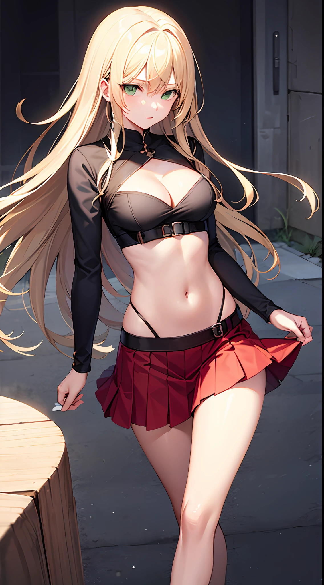 blonde hair, long hair, green eyes, cleavage, medium breast, skirt, slim legs, fighter, guild, navel