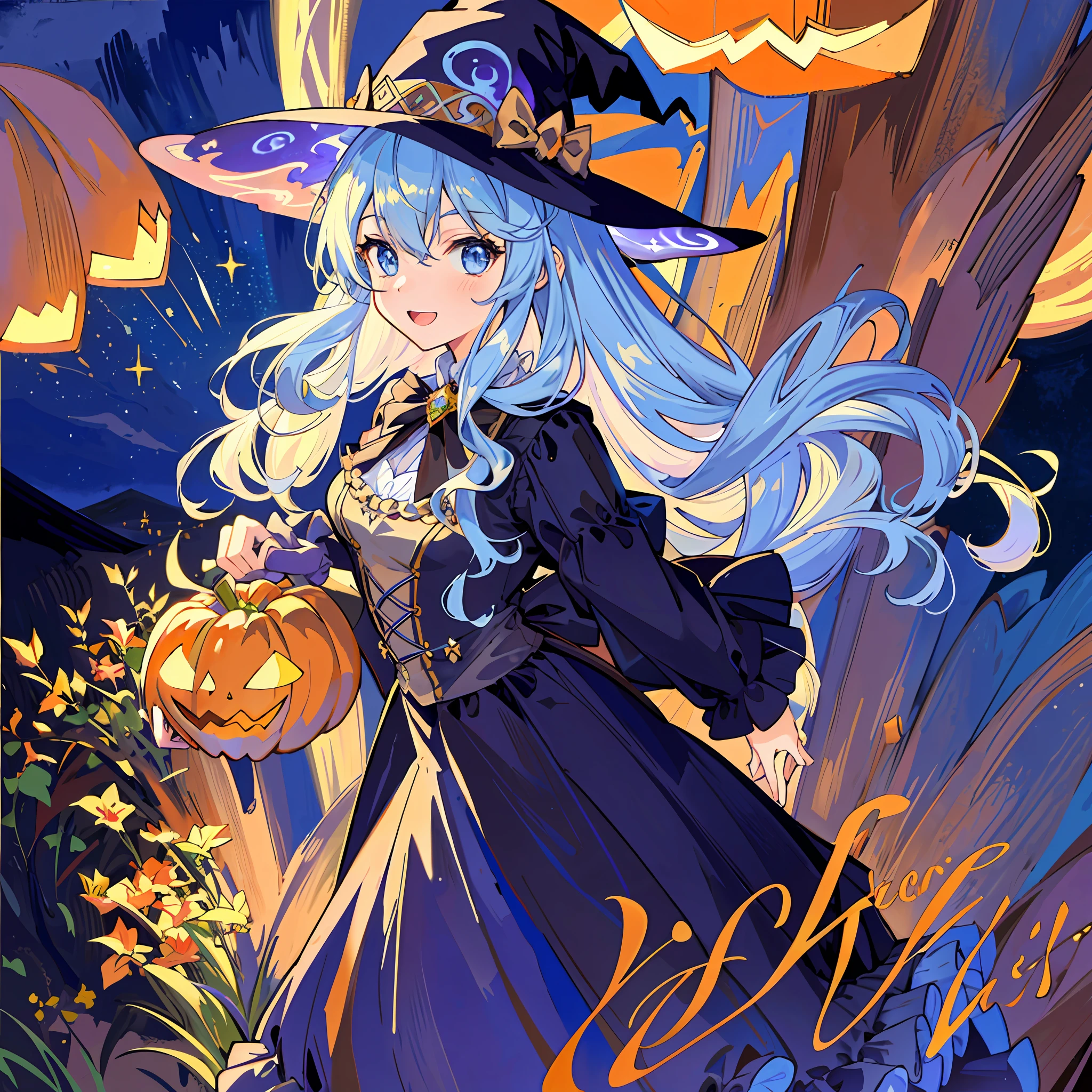 ((masterpiece:1.2, best quality)), 1girl, solo, (witch hat), a close up of a girl with curly hair, dress, aurora, night, star (sky), gloves, sky, dress, night sky, open mouth, starry sky, light blue eyes, ribbons, smile, cape, colorful hair, magic, casting spell, night, (impressionism:1.4), alphonse mucha, Halloween colors, colorful candy, magical lights, pumpkins, candies