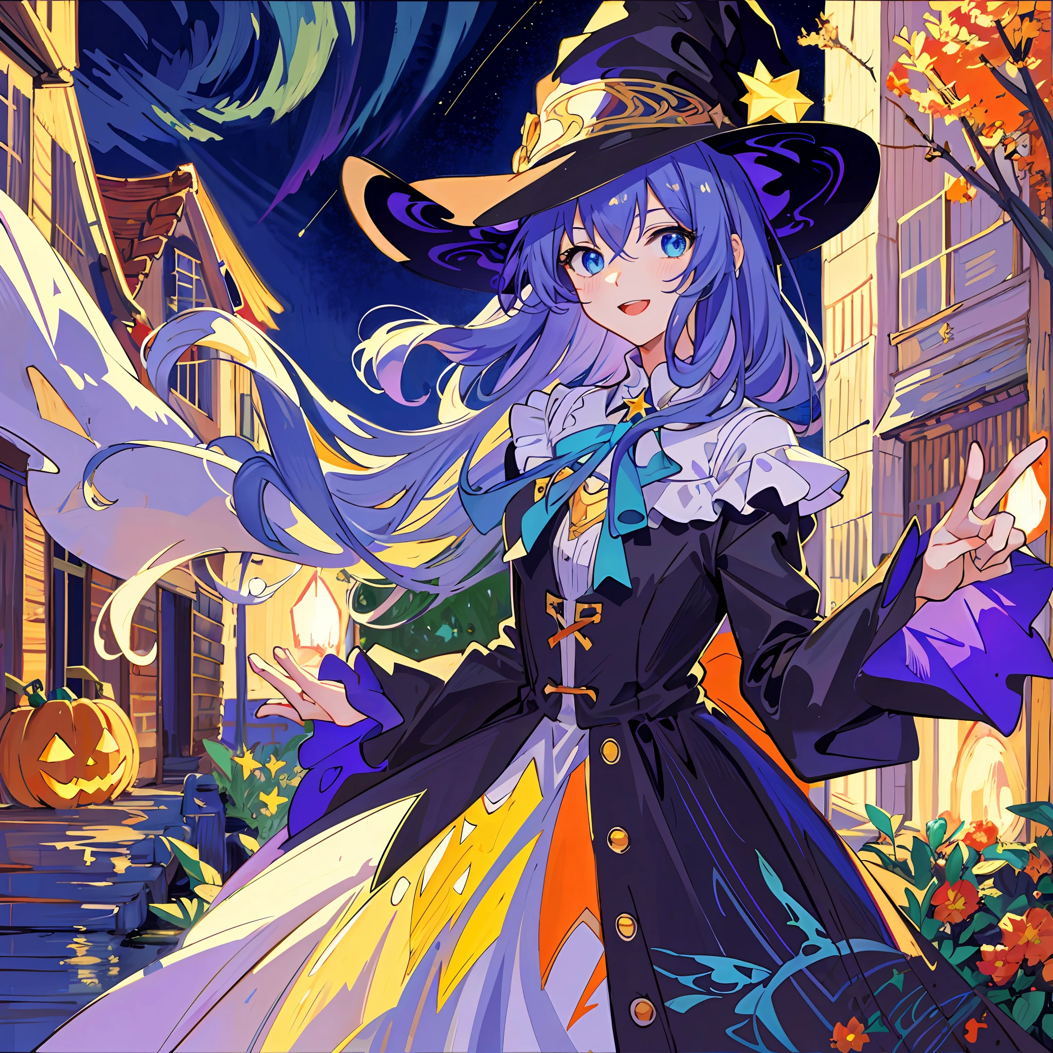 ((masterpiece:1.2, best quality)), 1girl, solo, (witch hat), a close up of a girl with curly hair, dress, aurora, night, star (sky), gloves, sky, dress, night sky, open mouth, starry sky, light blue eyes, ribbons, smile, cape, colorful hair, magic, casting spell, night, (impressionism:1.4), alphonse mucha, Halloween colors, colorful candy, magical lights, pumpkins, candies