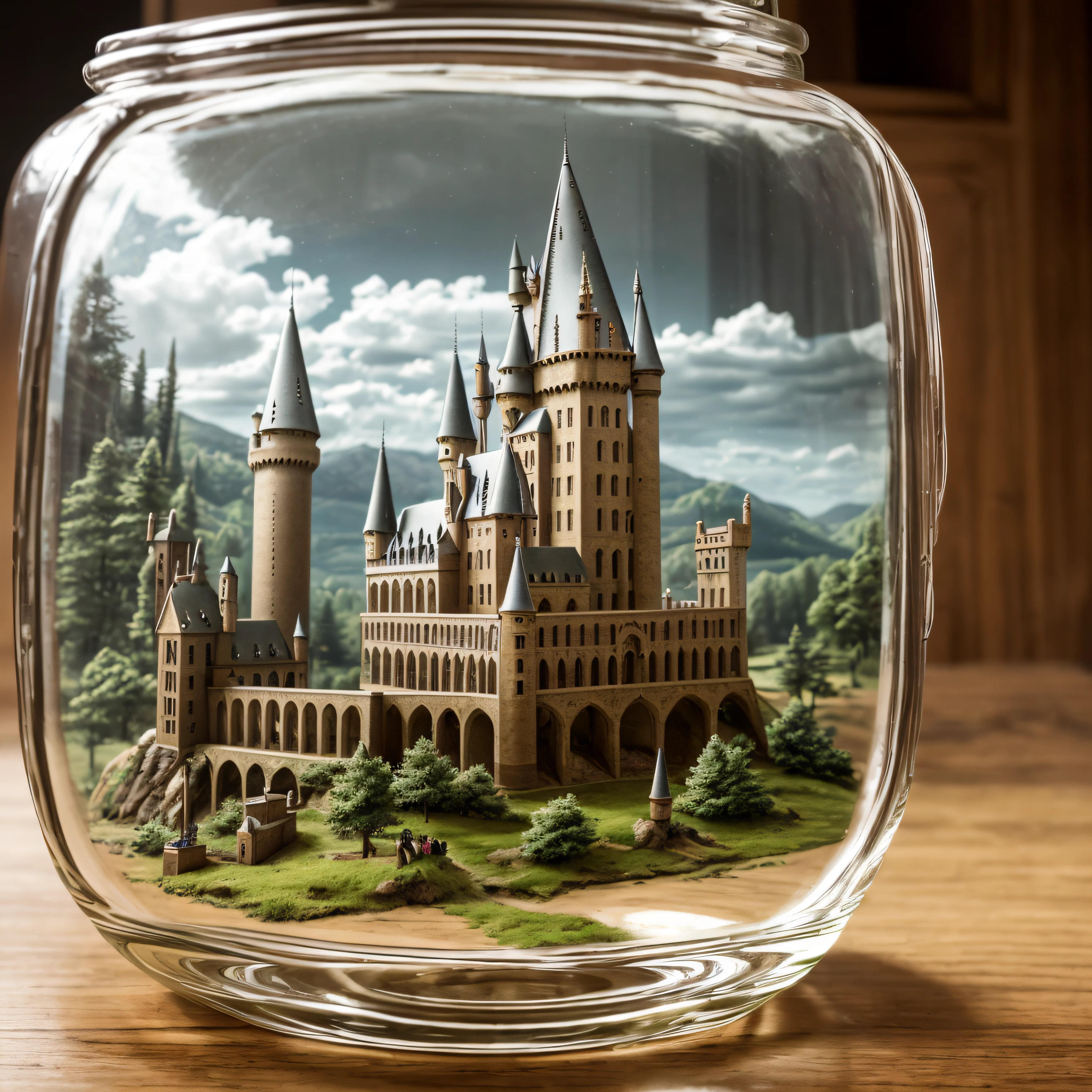 Hogwarts castle inside a square glass jar with lid, placing on the windowsill, extremely detailed, 8K, apocalyptic punk style, miniatures, macro photography in close-up --auto
