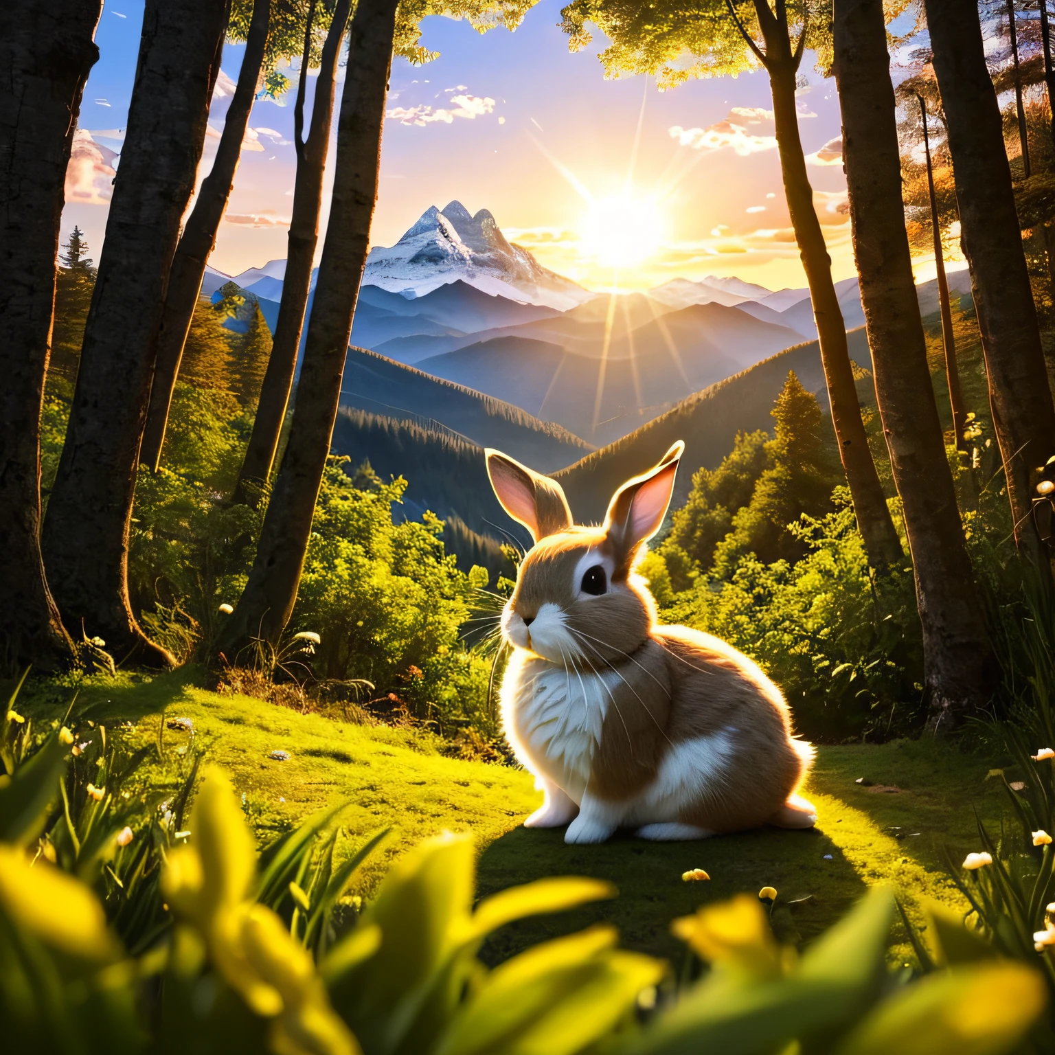 Cute rabbit, enchanted forest, sun in the background, mountains --auto
