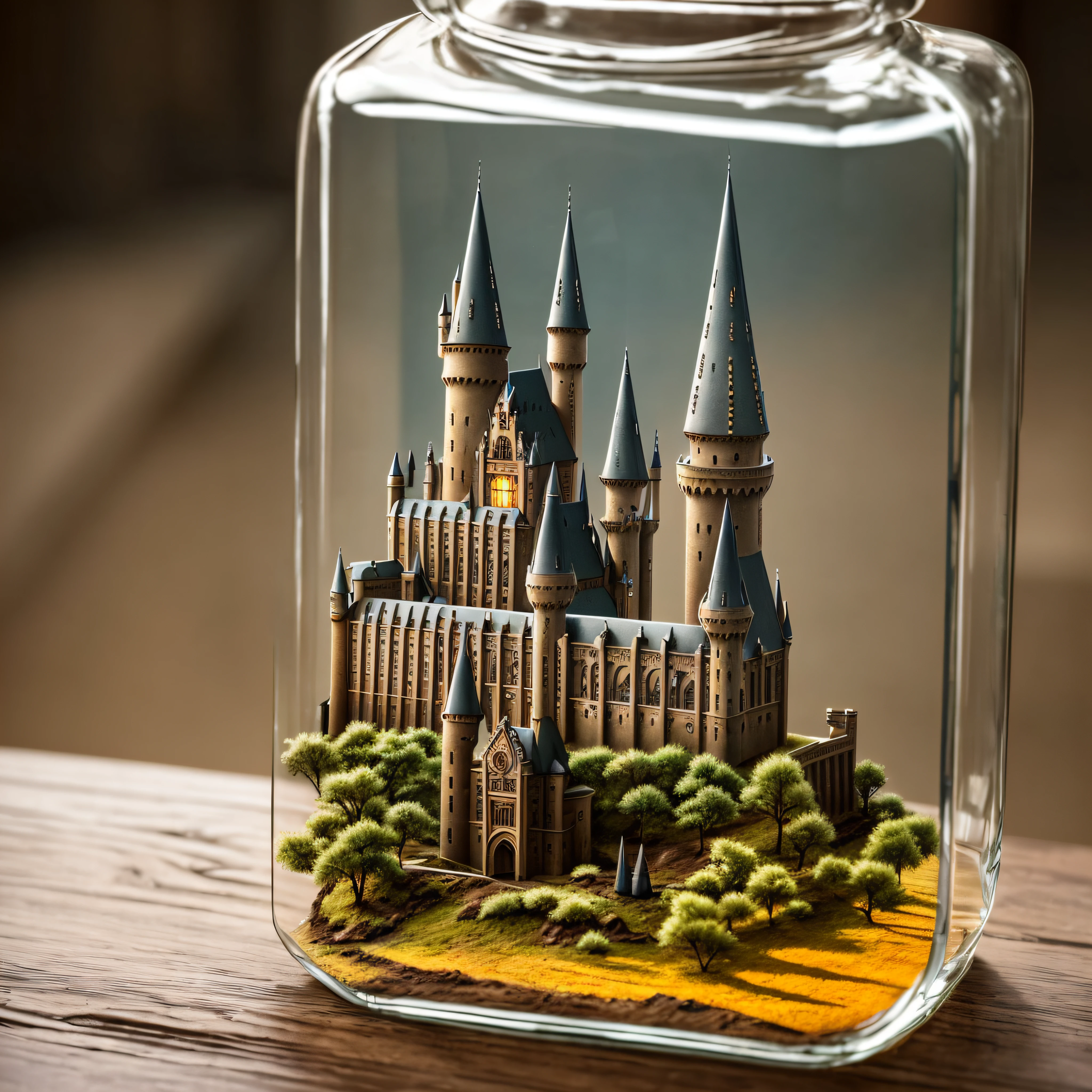 Hogwarts castle inside a square glass jar with lid, placing on the windowsill, extremely detailed, 8K, apocalyptic punk style, miniatures, macro photography in close-up --auto