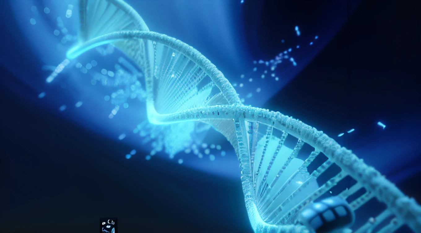 a closeup of a double-stranded DNA model with blue background, DNA strands, DNA helix, DNA, DNA experiment, scientific representation, DNA Morph, digital art, digital art, genetics, by Stephen Greene, by Matt Cavotta, by Sebastian Vrancx, background art, represented as a 3D rendering, digital rendering, digital rendering, 8k, high quality, realistic