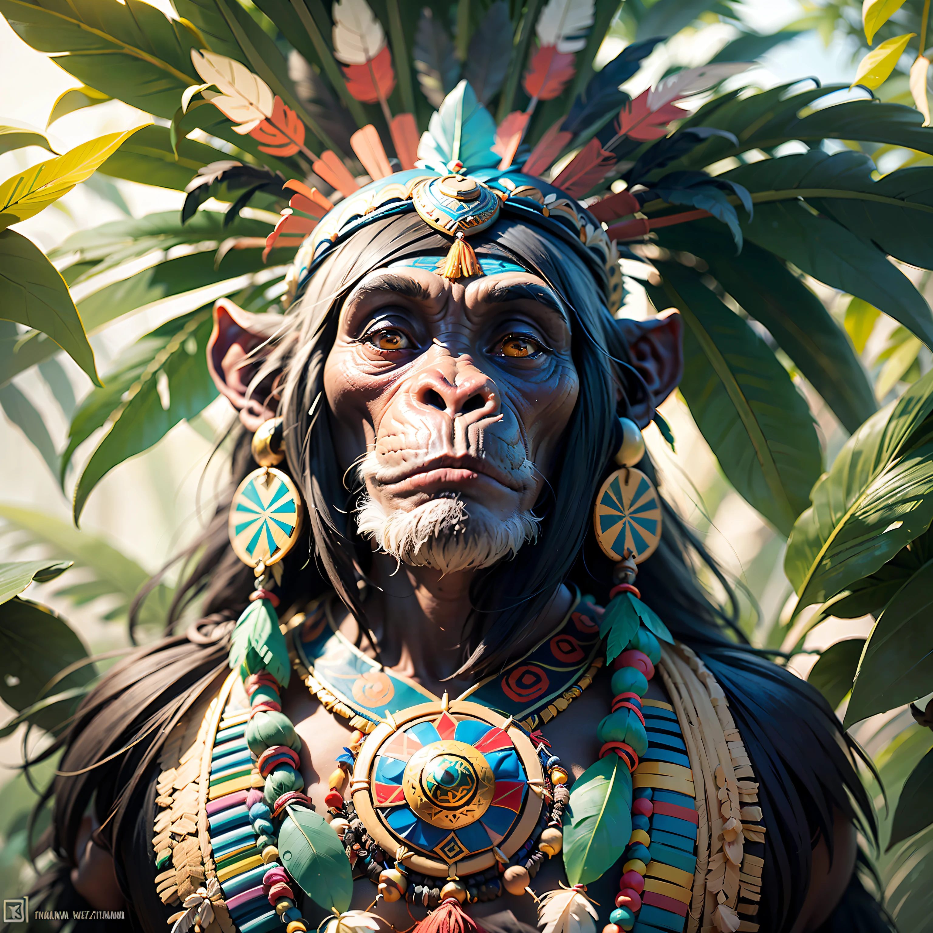 Chimpanzee ((Indian Shaman)),,((meditative state),,Shaman, elegant chimpanzee, hair with details, with Indian headdress on head, ((meditating)) many colorful feathers, colorful feathers, facing the camera, detail: dense tropical foliage, highly detailed intricate, ((masterpiece)), ultra hyperrealistic, masterpiece