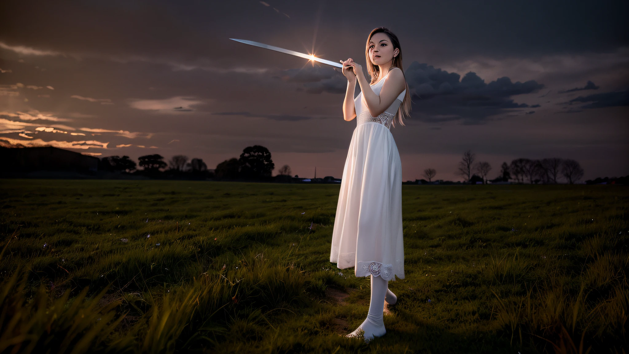 beautiful girl in white dress with sword pointing to the sky, stands in the middle of the field wearing socks and white tights with no shoes on, against a purple sky at sunset, high detail and quality, (sharp focus:1.0), (daylight:0.9), raw digital photo, hdr, 4k