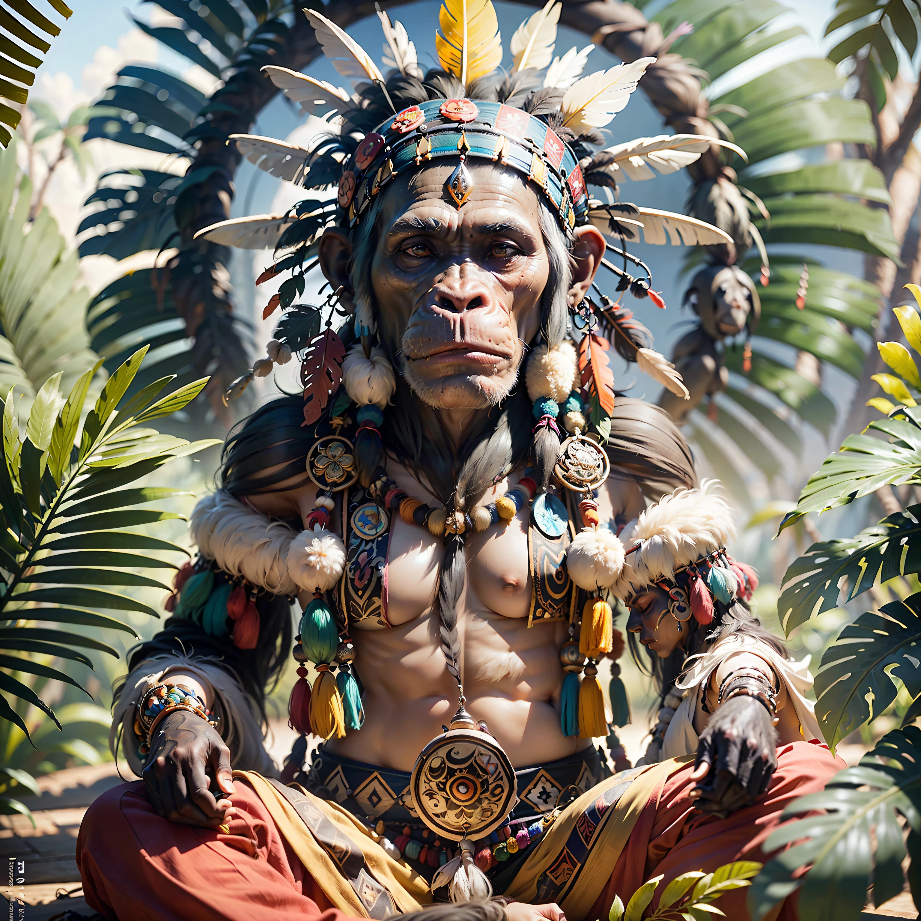 Chimpanzee ((Indian Shaman)),,((meditative state),,Shaman, elegant chimpanzee, hair with details, with Indian headdress on head, ((meditating)) many colorful feathers, colorful feathers, facing the camera, detail: dense tropical foliage, highly detailed intricate, ((masterpiece)), ultra hyperrealistic, masterpiece