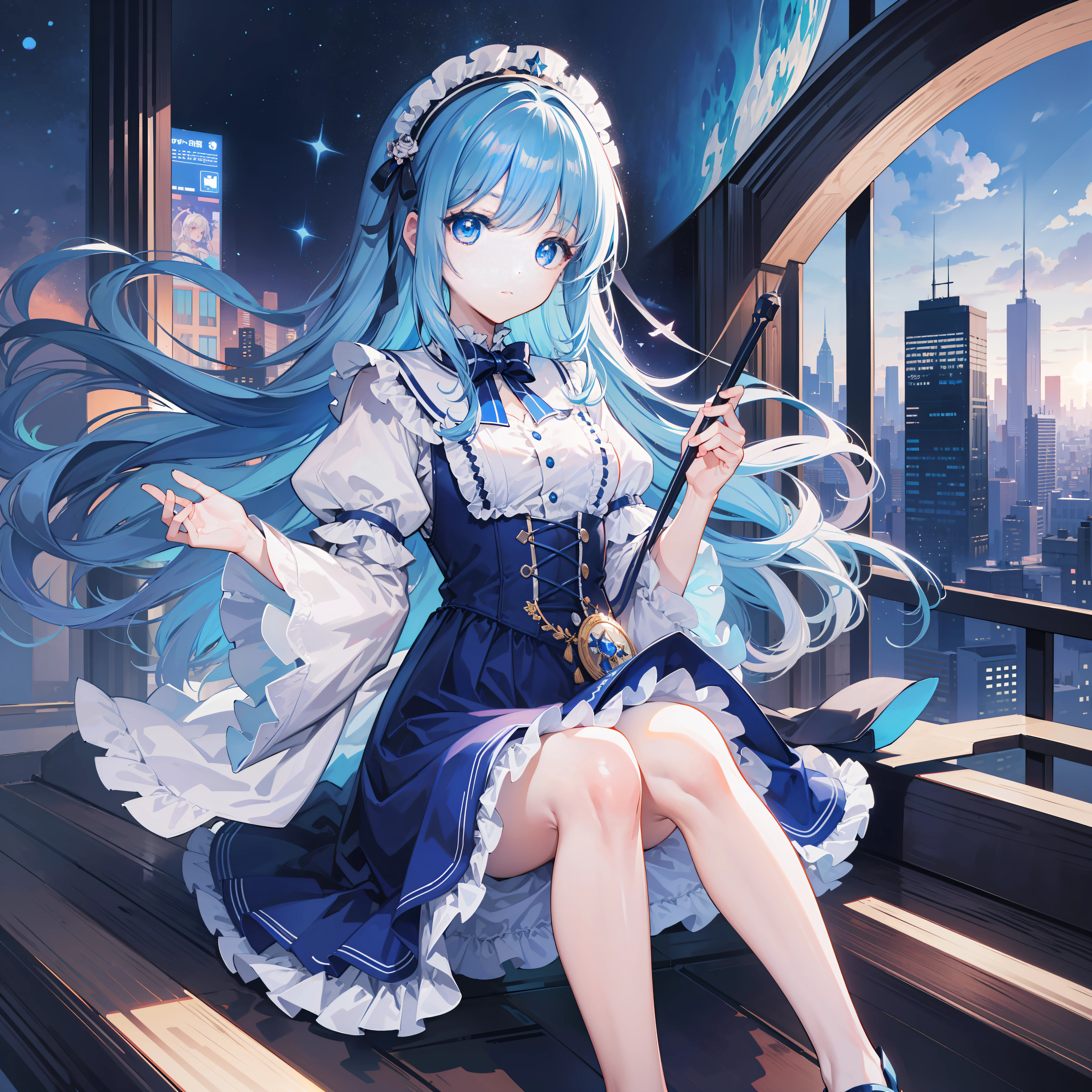 Masterpiece, Best Quality, (Very Detailed CG Unity 8k Wallpaper) (Best Quality), (Best Illustration), (Best Shadow), , Blue Loliress, Blue Hair, Blue Ponet, Cute and Gorgeous Lolita, e Wand, Magical Girl, Mana, Flying, Sky Background, City Under Your Feet