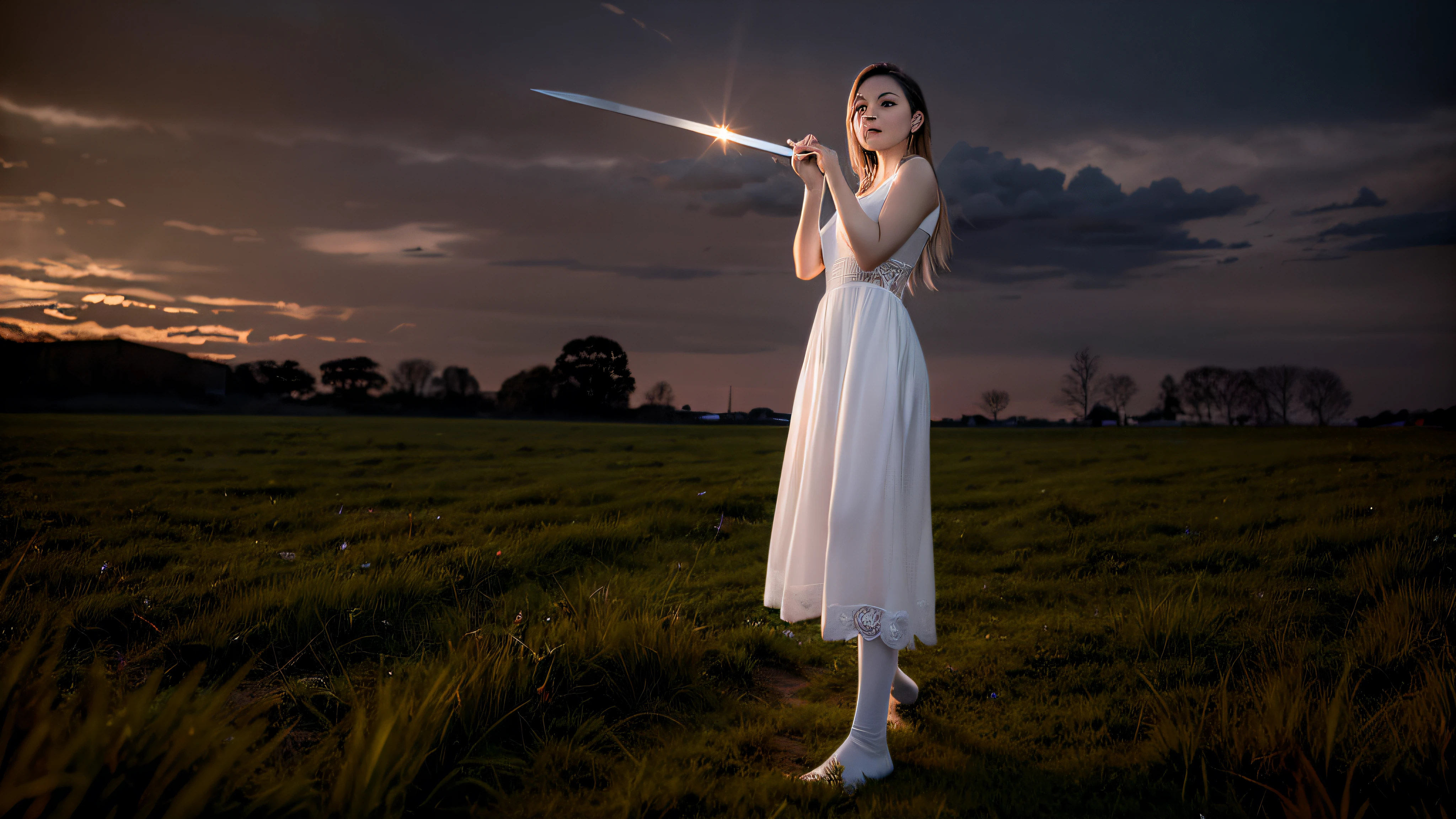 beautiful girl in white dress with sword pointing to the sky, stands in the middle of the field wearing socks and white tights with no shoes on, against a purple sky at sunset, high detail and quality, (sharp focus:1.0), (daylight:0.9), raw digital photo, hdr, 4k