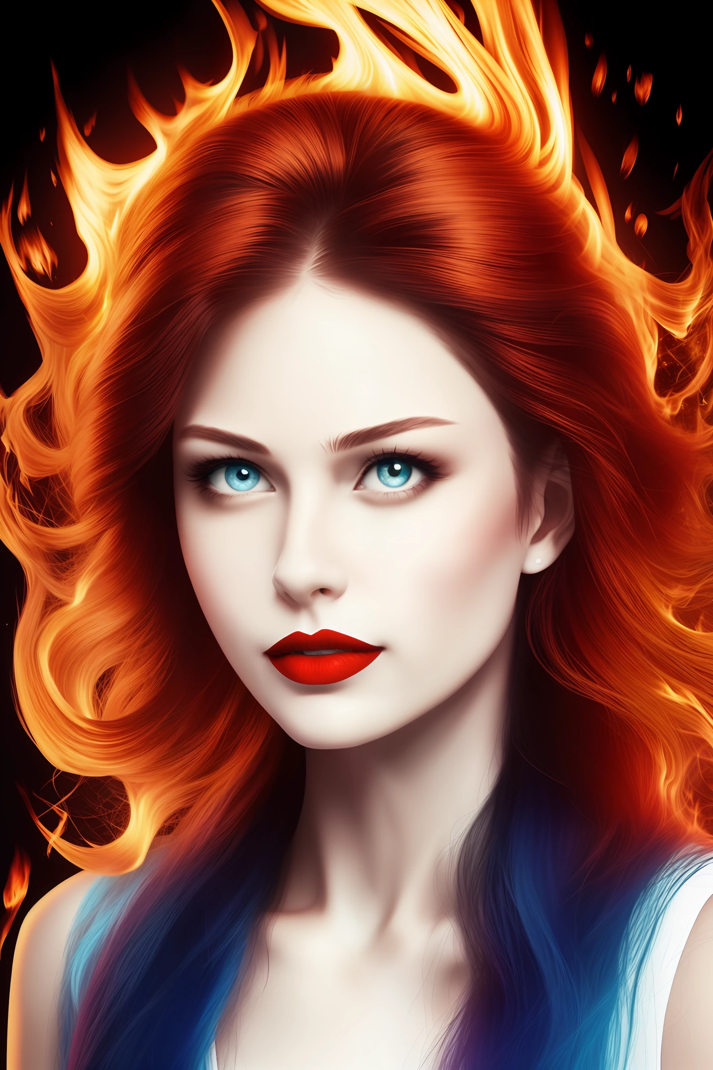 ((Fantasy)) ,(Color Fire Red)),((Strong Color))Girl With Hair Made of Fire, Blue Eyes, White Skin, Strong Red Lipstick((Realistic))