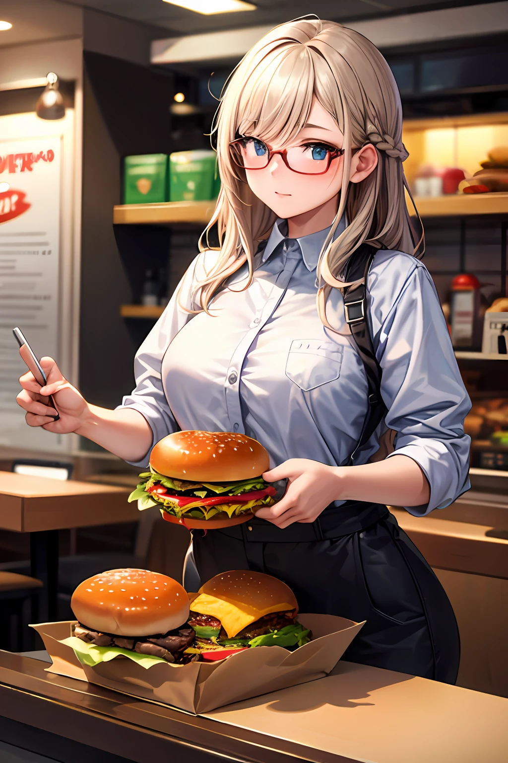 masterpiece, best quality, 1girl, long hair, glasses, single burger, bored, braid, chubby, fast food restaurant