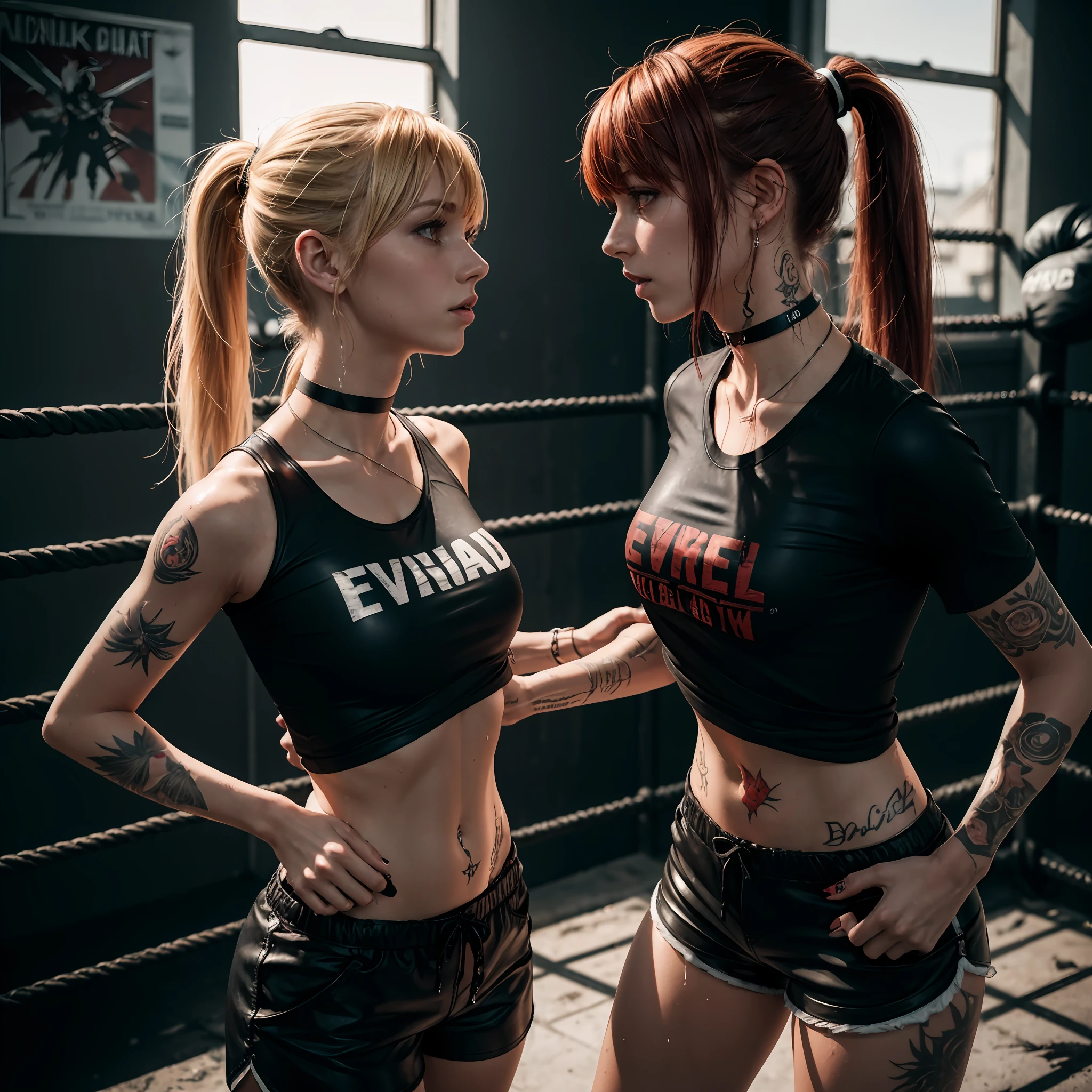 evil red-haired girl from europe, evil girl from europe with blonde hair, girls fight, girls fight each other, serious fight, hair (ponytail, long bangs), black
T-shirt without inscriptions, red T-shirt without inscriptions, leather shorts, choker, wet clothes, SFW, many tattoos on the body, dark and gloomy atmosphere, realistic light, athletic figure, blood on the body, sweat running down the body, medium chest, dark time of day