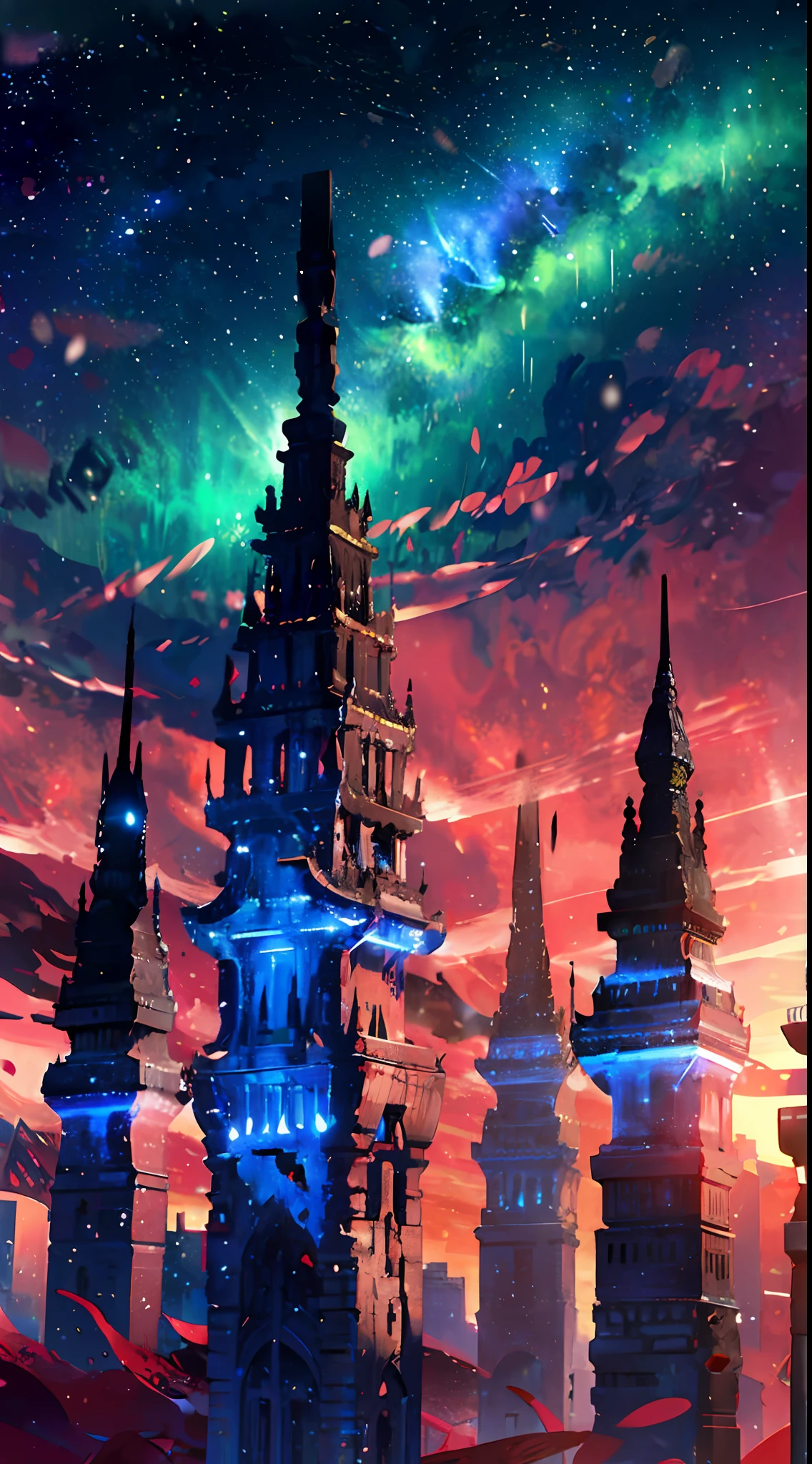 towers of god, blue towers, violet, blue, red, god, red sky, violet sky, starry sky, stars, starry towers, starry god, light blue, civilization, order