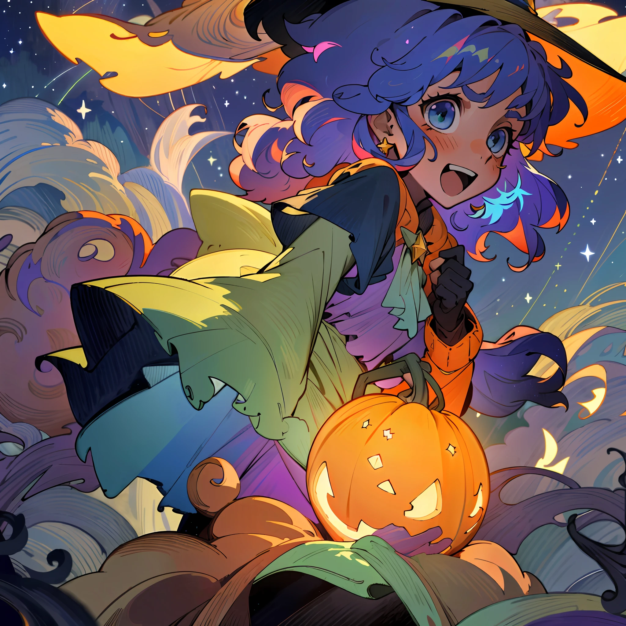 ((masterpiece:1.2, best quality)), 1girl, solo, (witch hat), a close up of a girl with curly hair, dress, aurora, night, star (sky), gloves, sky, dress, night sky, open mouth, starry sky, light blue eyes, ribbons, smile, cape, colorful hair, magic, casting spell, night, (impressionism:1.4), alphonse mucha, Halloween colors, colorful candy, magical lights, pumpkins, candies