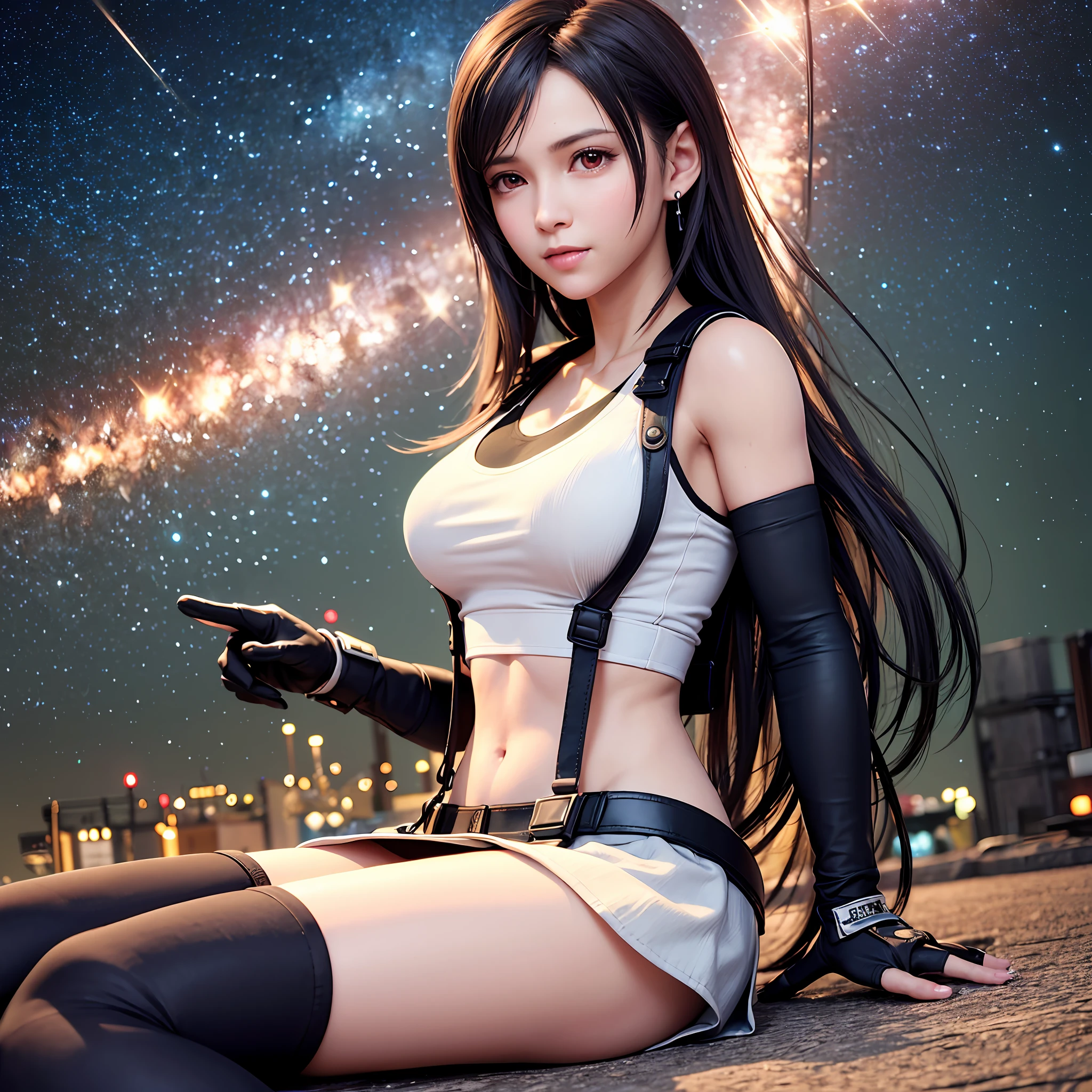 8k,masterpiece, bset quality,big, (1 girl), tifa lockhart, red_eyes, black hair, long hair, shiny skin, shiny big, ((best quality)), crisp focus: 1.2, highly detailed face and skin texture, detailed eyes, perfect face, perfect body, art, cg, blur background, big with presence, (20yo, Mature cool and beautiful face), wearing ((suspender black skirt)),(( black elbow gloves, white taut shirt, thigh-hai, white tank top, navel, blush)), sitting outdoors looking at beautiful starry sky, upper body, smile, professional light source, fluttering hair, dynamic action, dynamic pose,