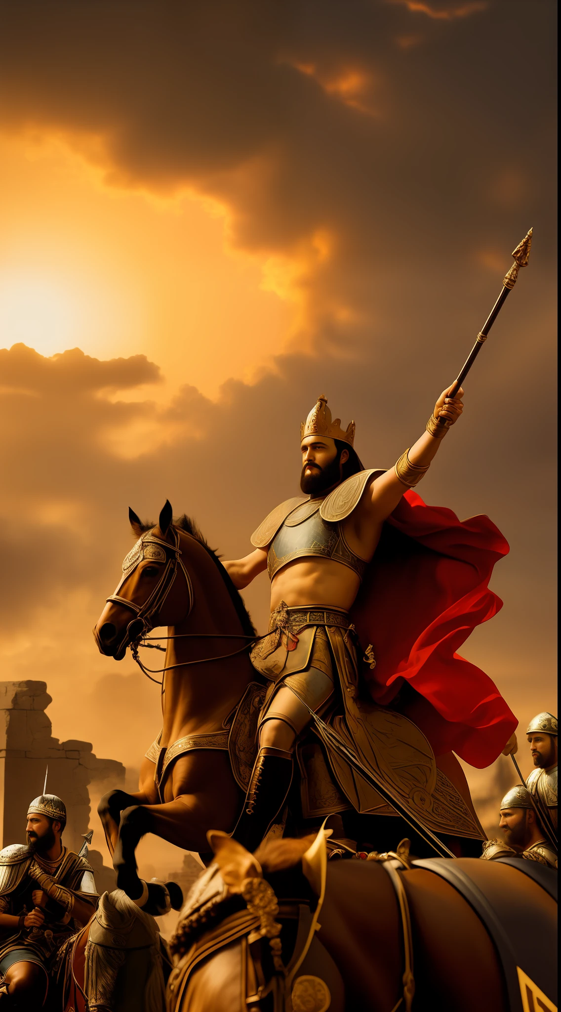 Capture the triumphant moment of King Alaric I, adorned in traditional Germanic attire of 400 AD, standing proudly amidst the sacked city of Rome. Paint a vivid picture of the battlefield-setting in the 5th century, with remnants of the conquered city in the background. Showcase King Alaric's battle-hardened expression, conveying both power and determination. Surround him with his loyal Visigoth soldiers, displaying their victory and unity. Draw inspiration from historical accounts, ancient paintings, and sculptures of the time. Utilize a wide-angle lens to capture the vastness of the scene and the grandeur of the victorious moment. Render this image in high resolution (4K) to emphasize the intricate details and realism. Camera Shot: Overhead view. Lighting: Golden hour, casting a warm glow over the battlefield.