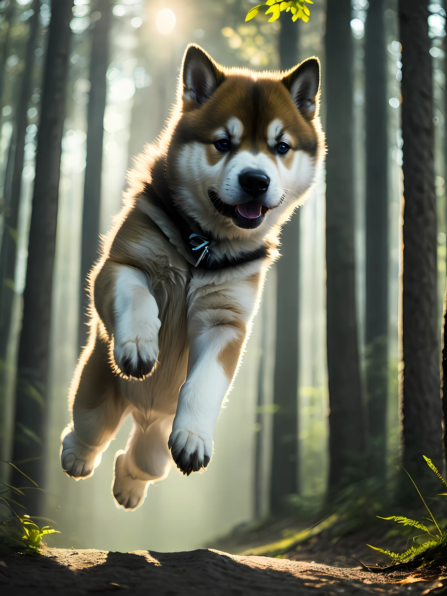 close-up photo of an Akita breed puppy, jumping very cute in the forest, soft volumetric lights (backlighting: 1.3), (cinematics: 1.2), intricate details (ArtStation: 1.3), Rutkowski