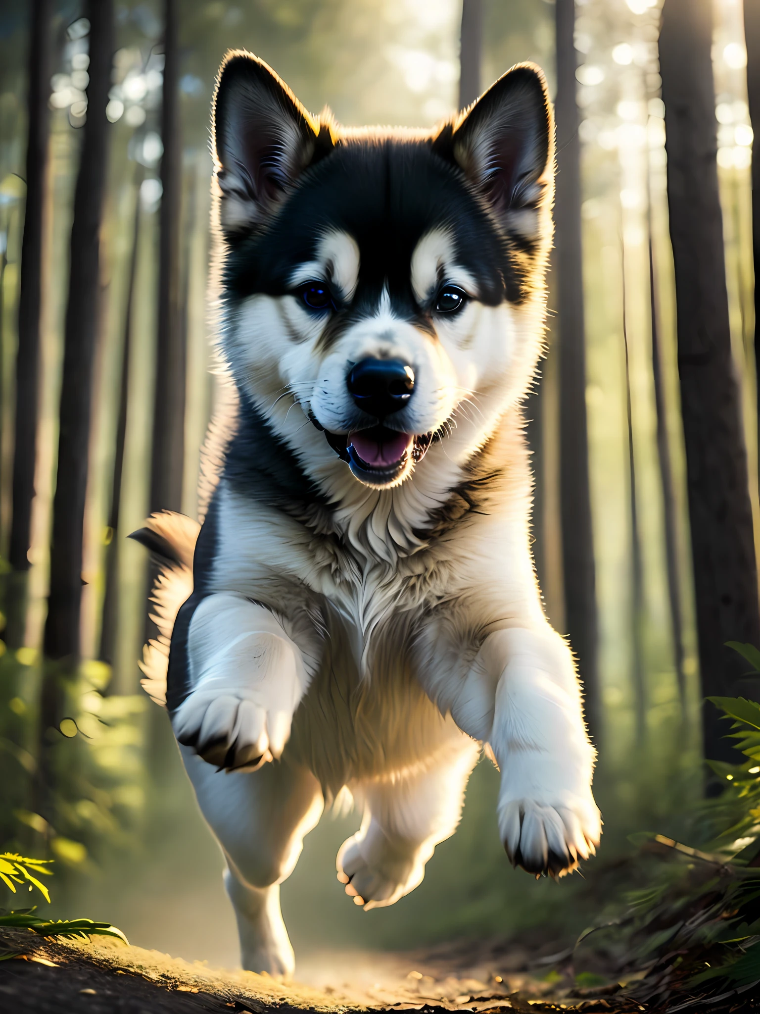 close-up photo of an Akita breed puppy, jumping very cute in the forest, soft volumetric lights (backlighting: 1.3), (cinematics: 1.2), intricate details (ArtStation: 1.3), Rutkowski