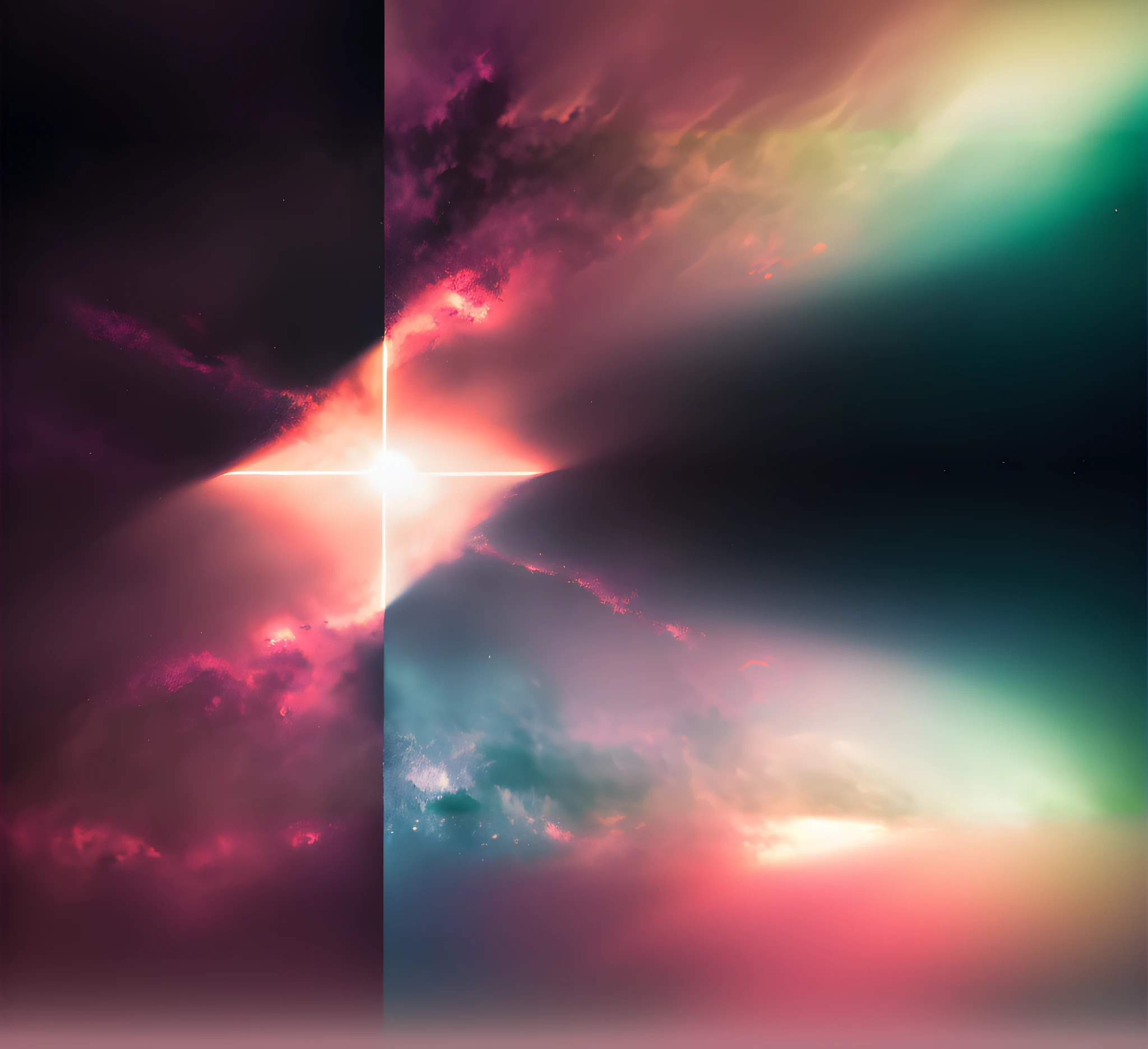 brightly colored image of a cross in the middle of a dark sky, an abstract spiritual background, space fractal gradient, gradient mixed with nebula sky, interstellar stormy bright sky, luminous sky heaven background, amazing contrasting background, dramatic nebula sky, colorful nebula background, radiant nebula colors, galactic light colors, background in space, intense lens flare, glowing light atmosphere