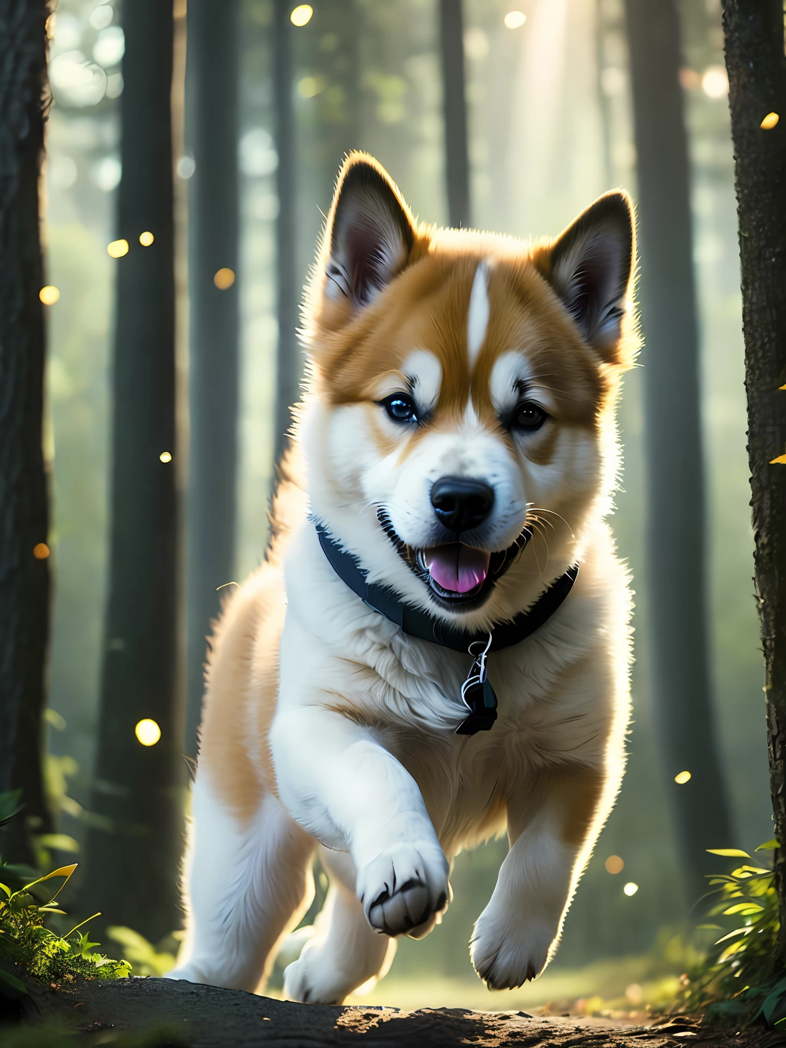 close-up photo of an Akita breed puppy, jumping very cute in the forest, soft volumetric lights (backlighting: 1.3), (cinematics: 1.2), intricate details (ArtStation: 1.3), Rutkowski