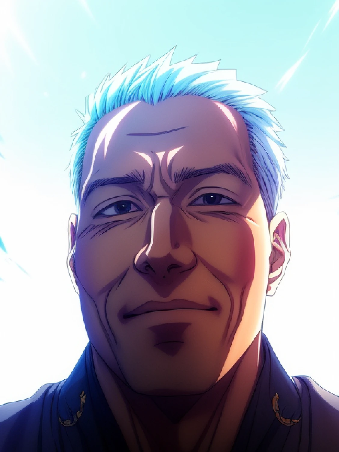 best quality, masterpiece, 1boy, solo, kamuiv1, portrait,, arakistyle, jojo: 0.8, anime style, long hair, age about 50 years, black hair, cheerful face, with smile