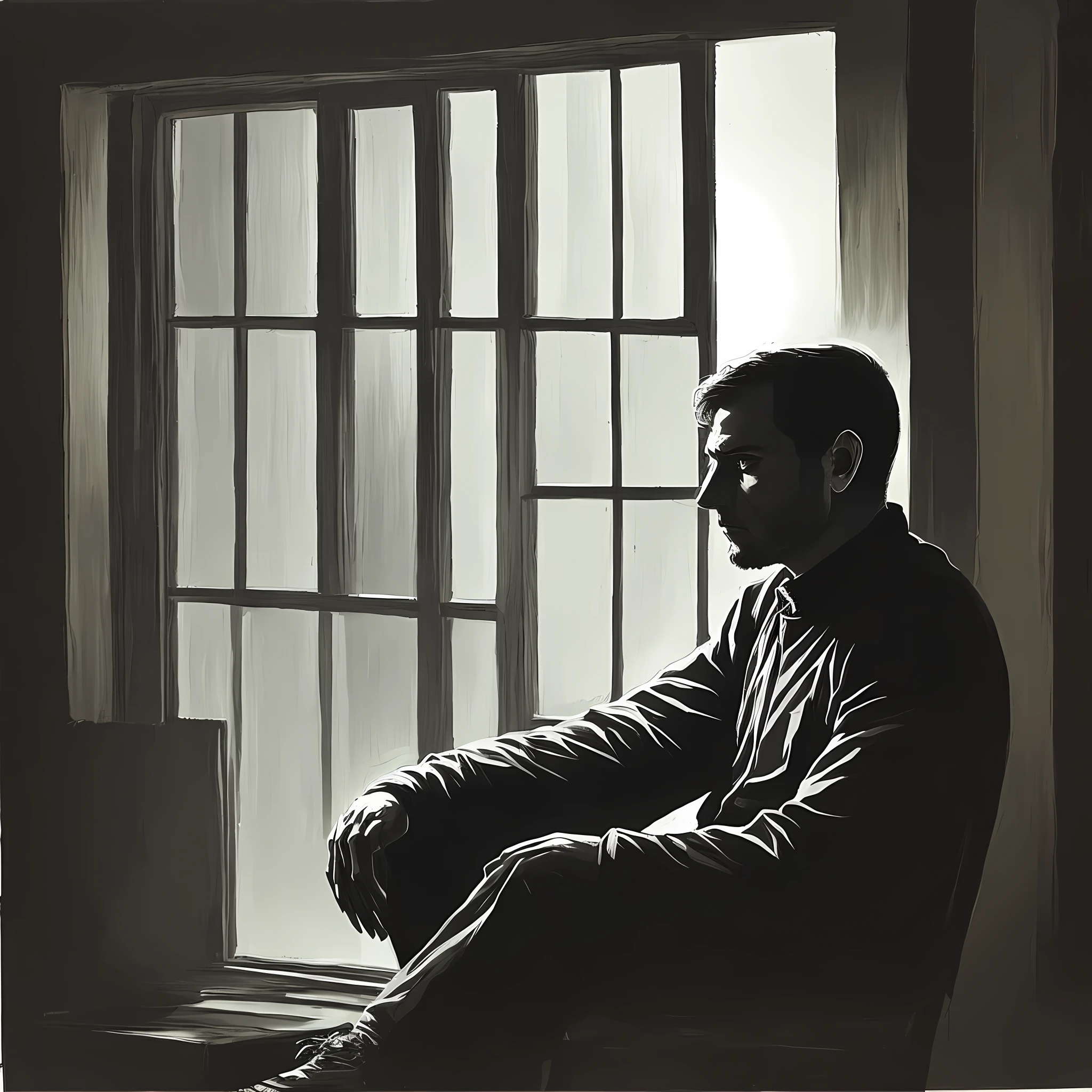 A thoughtful man sits in a dark room. Light from the window shines in, creating a glare effect. He smoked a cigarette, creating hazy lines of smoke. The painting has the main colors of black, blue and orange, creating a gloomy feeling and creating accents, monochrome colors